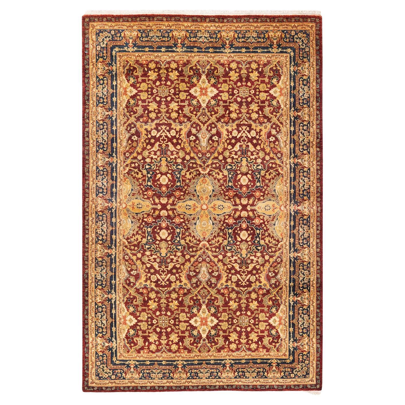 Tapis Mogul rouge traditionnel noué à la main à motifs floraux, unique en son genre