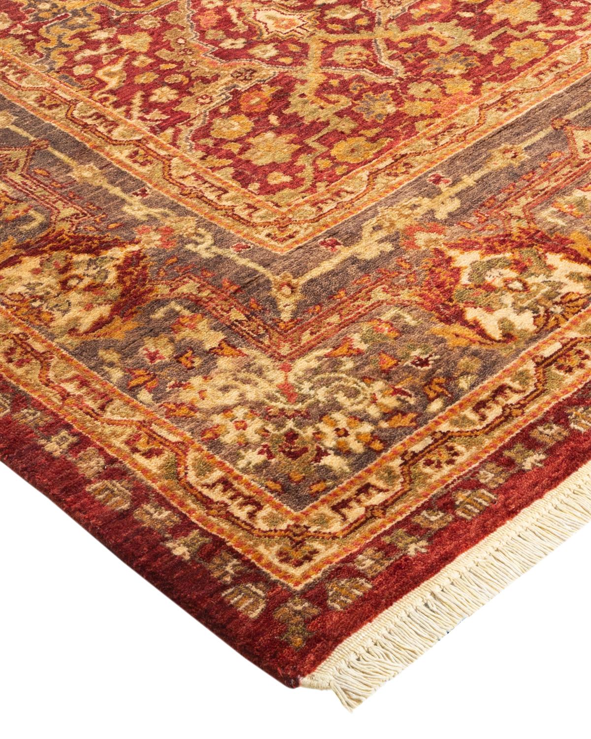 Pakistanais Tapis Mogul rouge traditionnel noué à la main à motifs floraux, unique en son genre