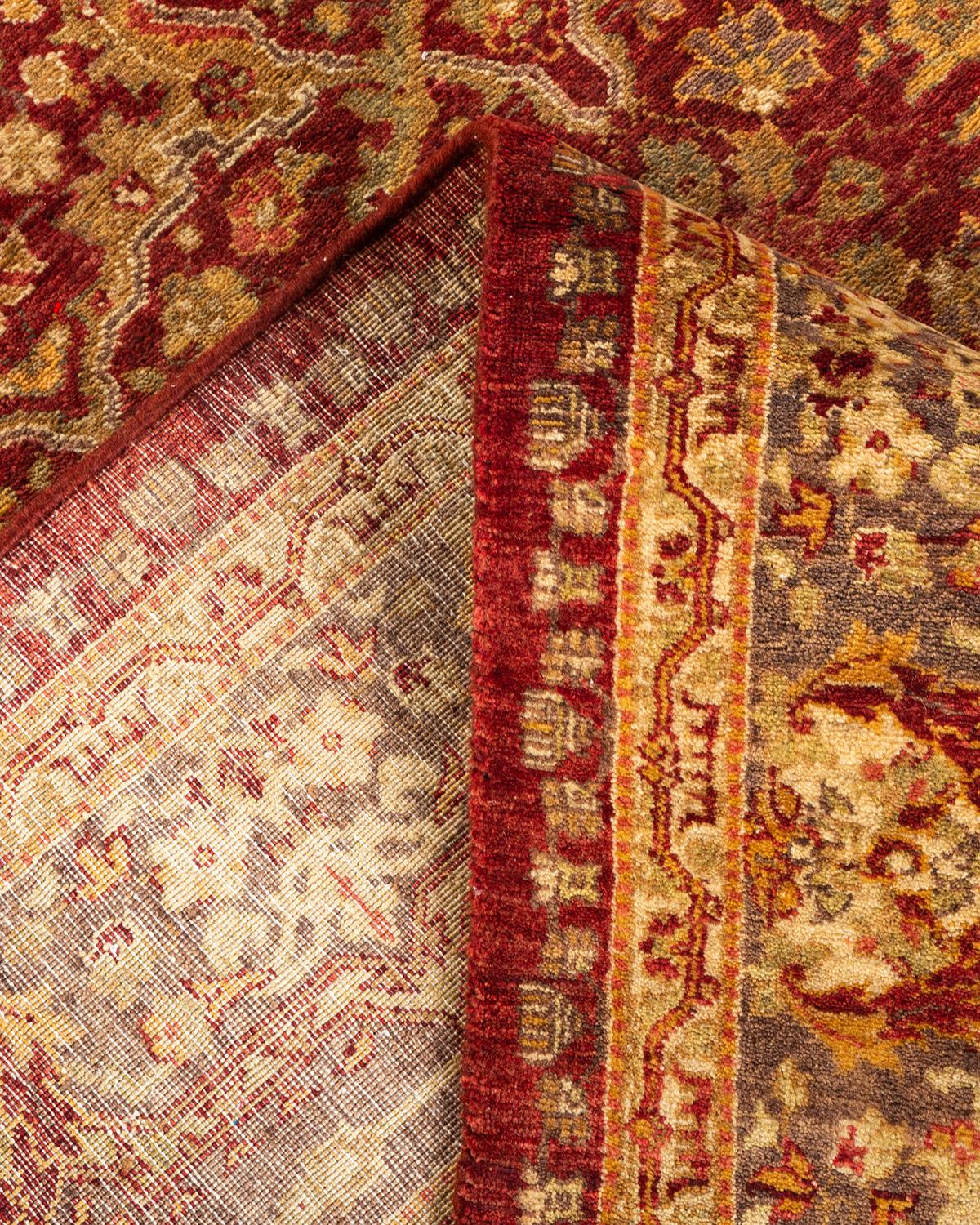 Laine Tapis Mogul rouge traditionnel noué à la main à motifs floraux, unique en son genre