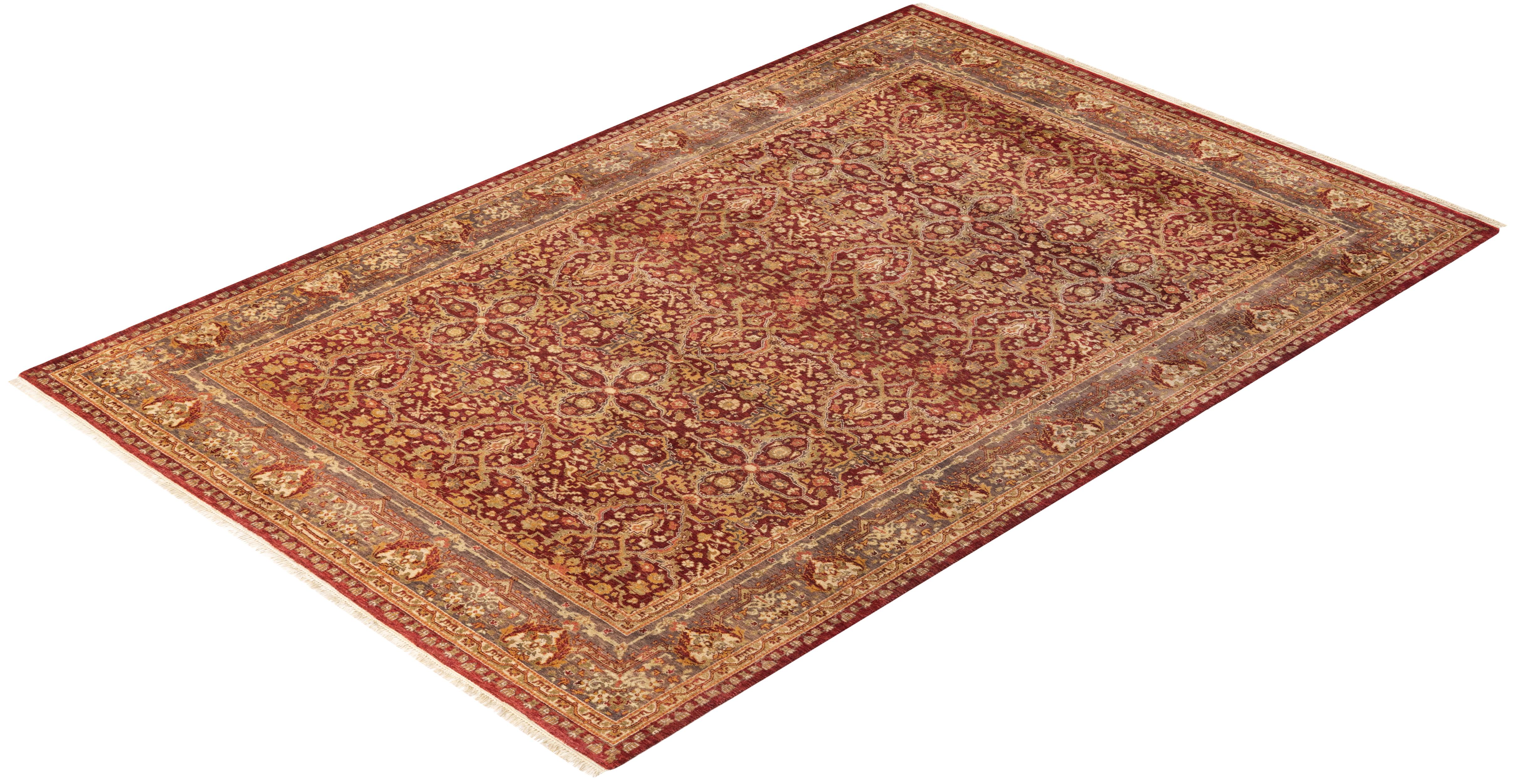 Tapis Mogul rouge traditionnel noué à la main à motifs floraux, unique en son genre 2
