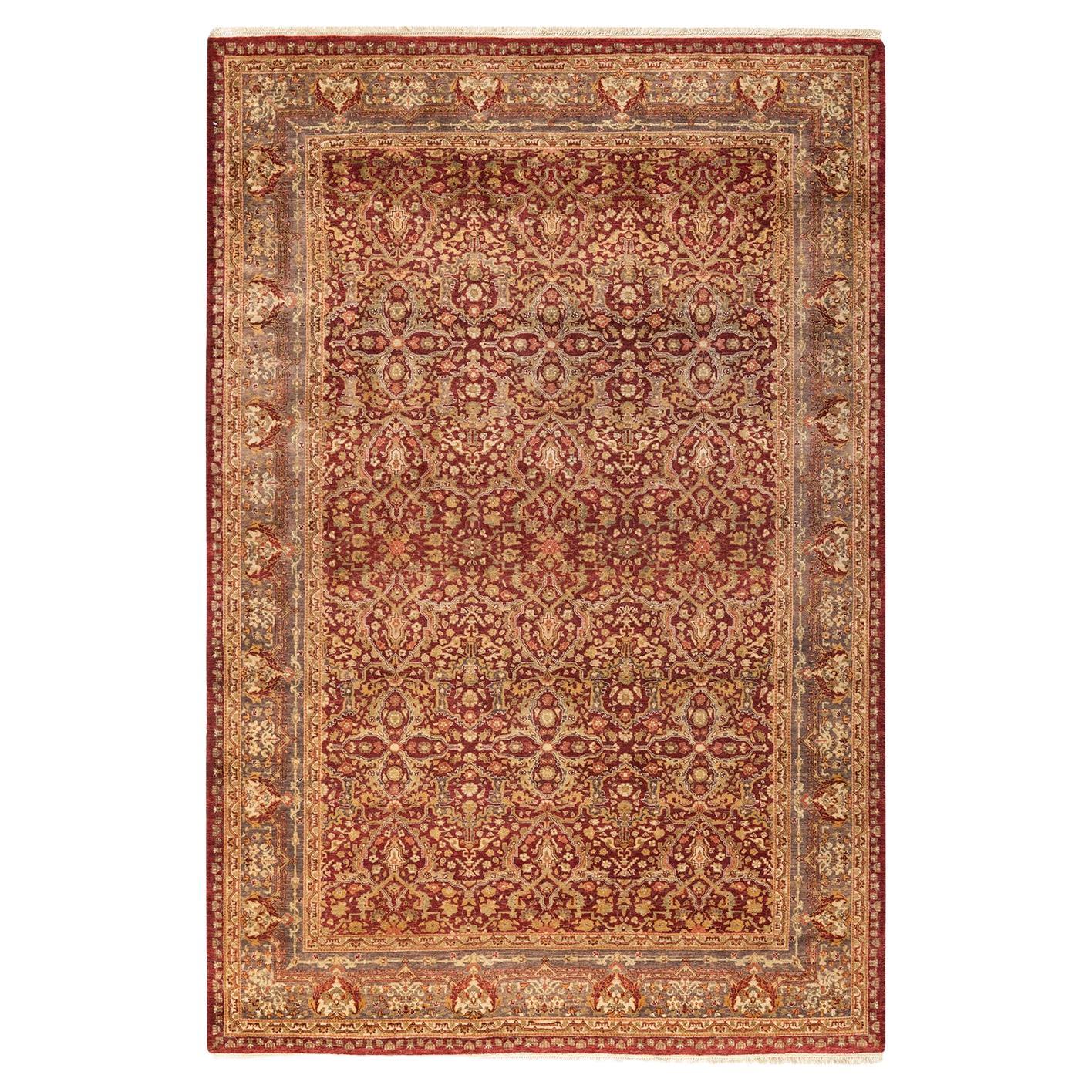 Tapis Mogul rouge traditionnel noué à la main à motifs floraux, unique en son genre