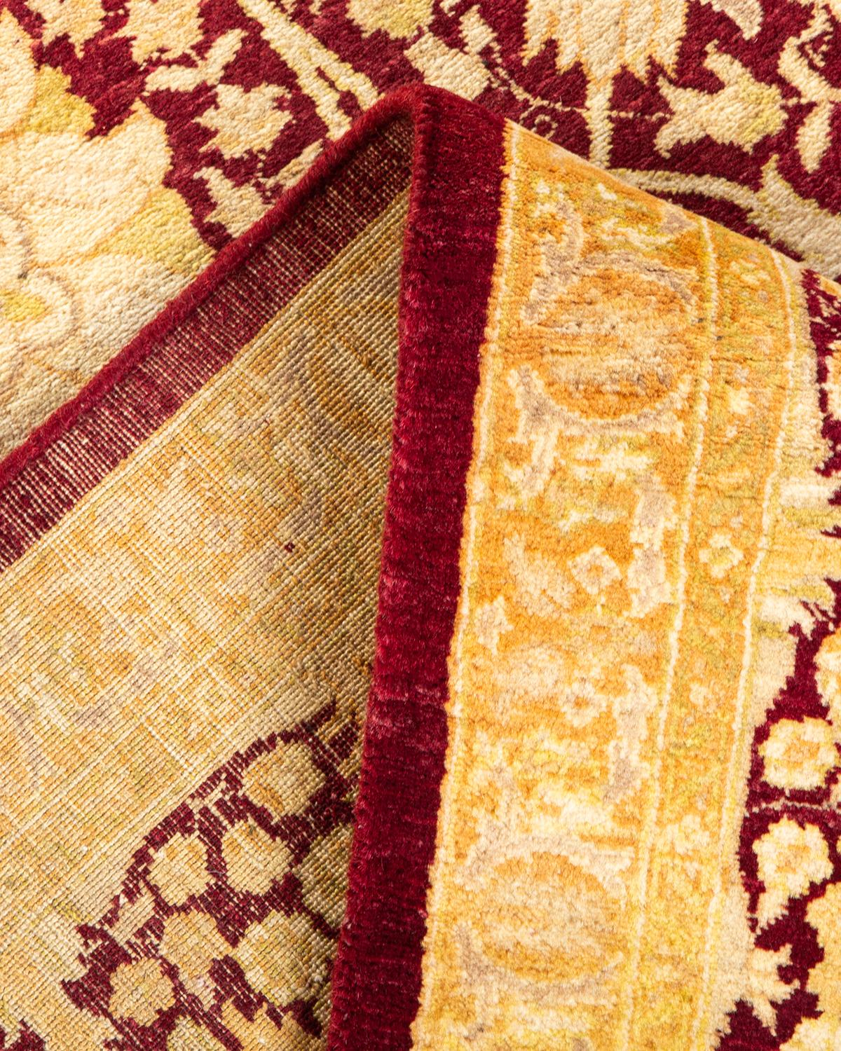 Alfombra única anudada a mano con motivos florales tradicionales Mogul roja Lana en venta