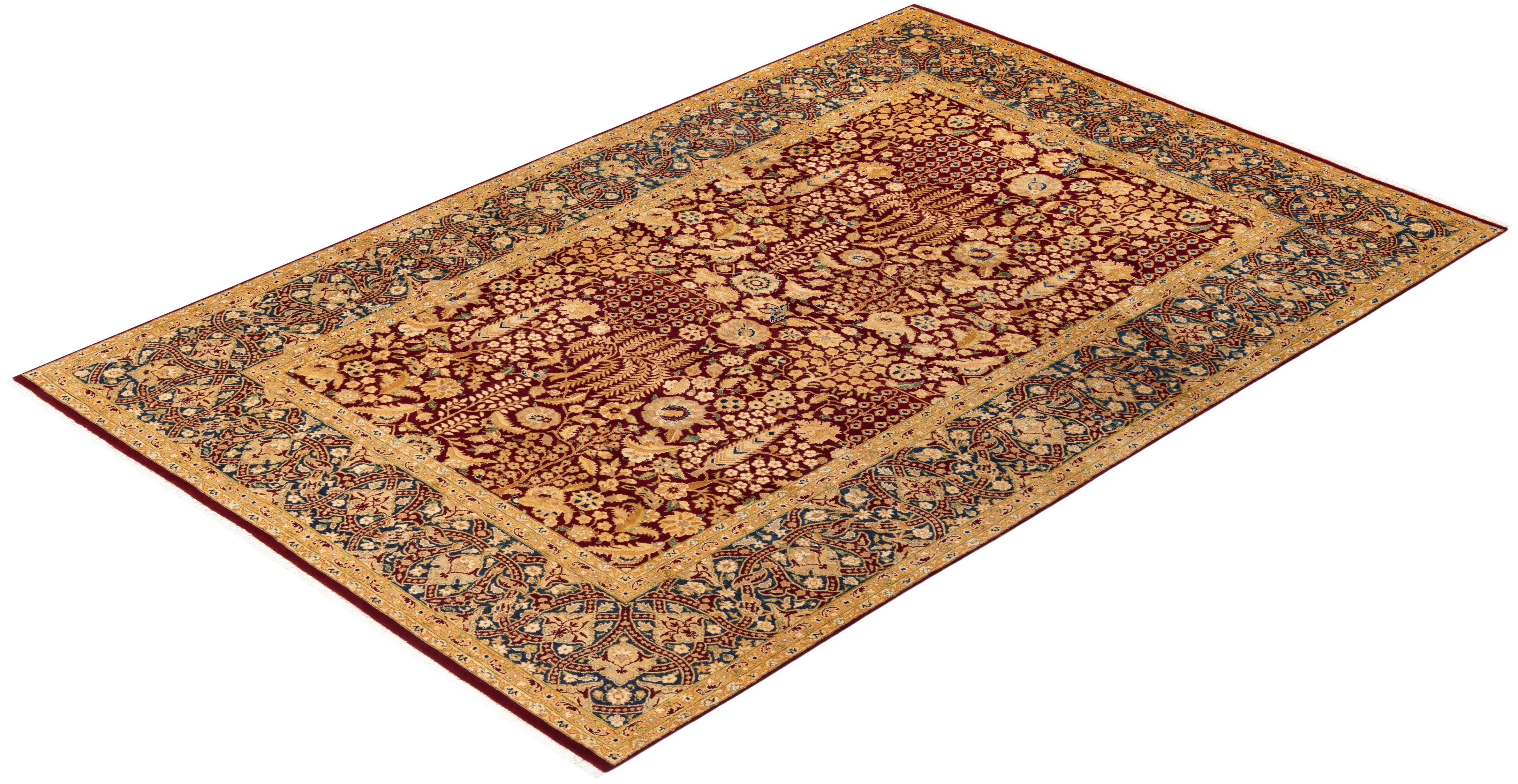 Alfombra Mogul Tradicional Floral Roja Anudada a Mano Única en su Género en venta 2