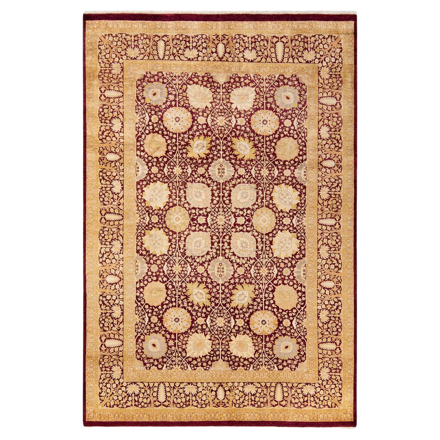 Alfombra única anudada a mano con motivos florales tradicionales Mogul roja en venta