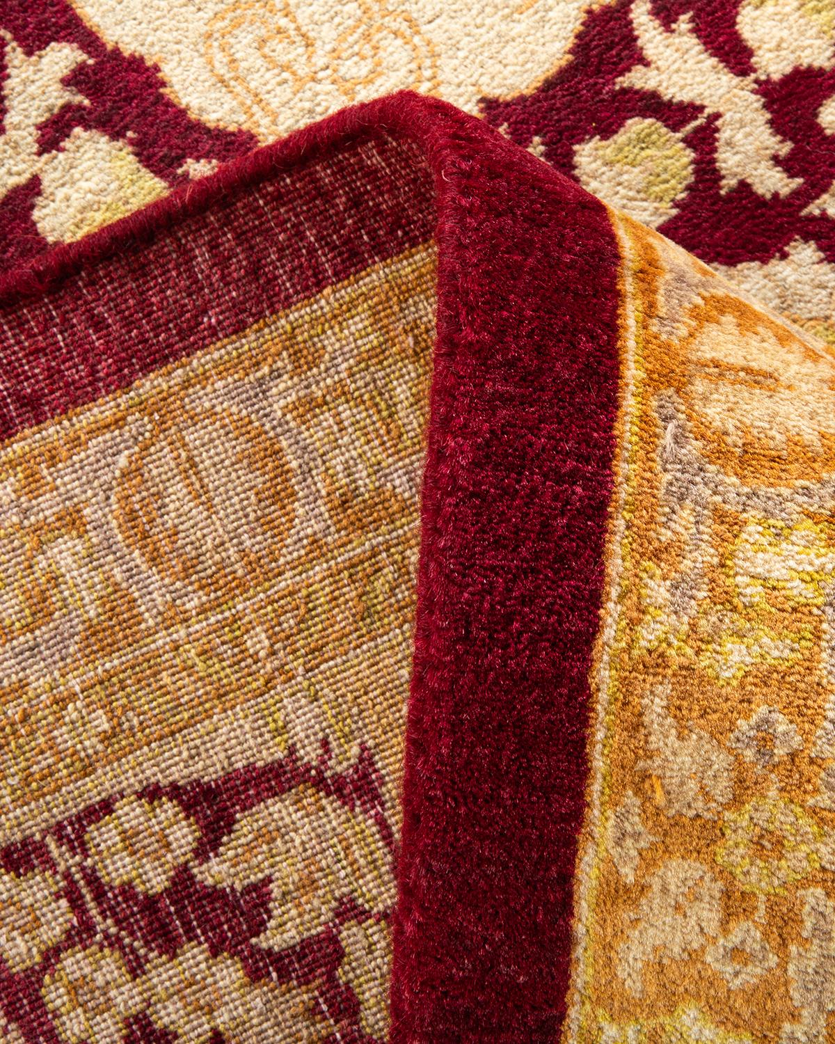 Alfombra única anudada a mano con motivos florales tradicionales Mogul roja Lana en venta