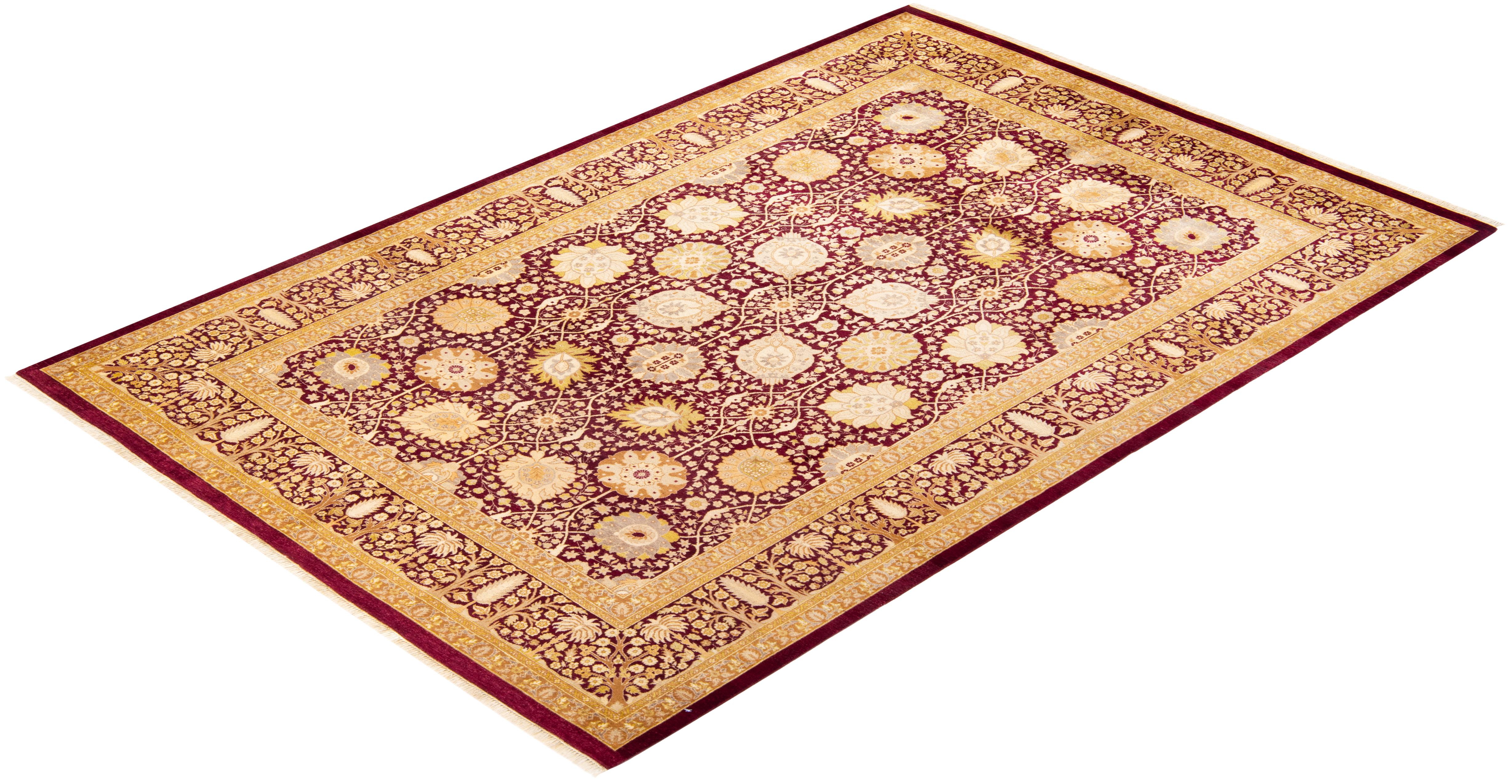Alfombra única anudada a mano con motivos florales tradicionales Mogul roja en venta 2