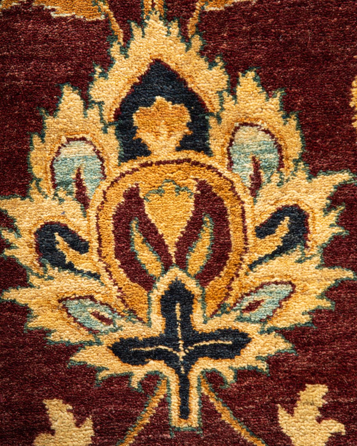 Pakistanais Tapis Mogul rouge traditionnel noué à la main à motifs floraux, unique en son genre