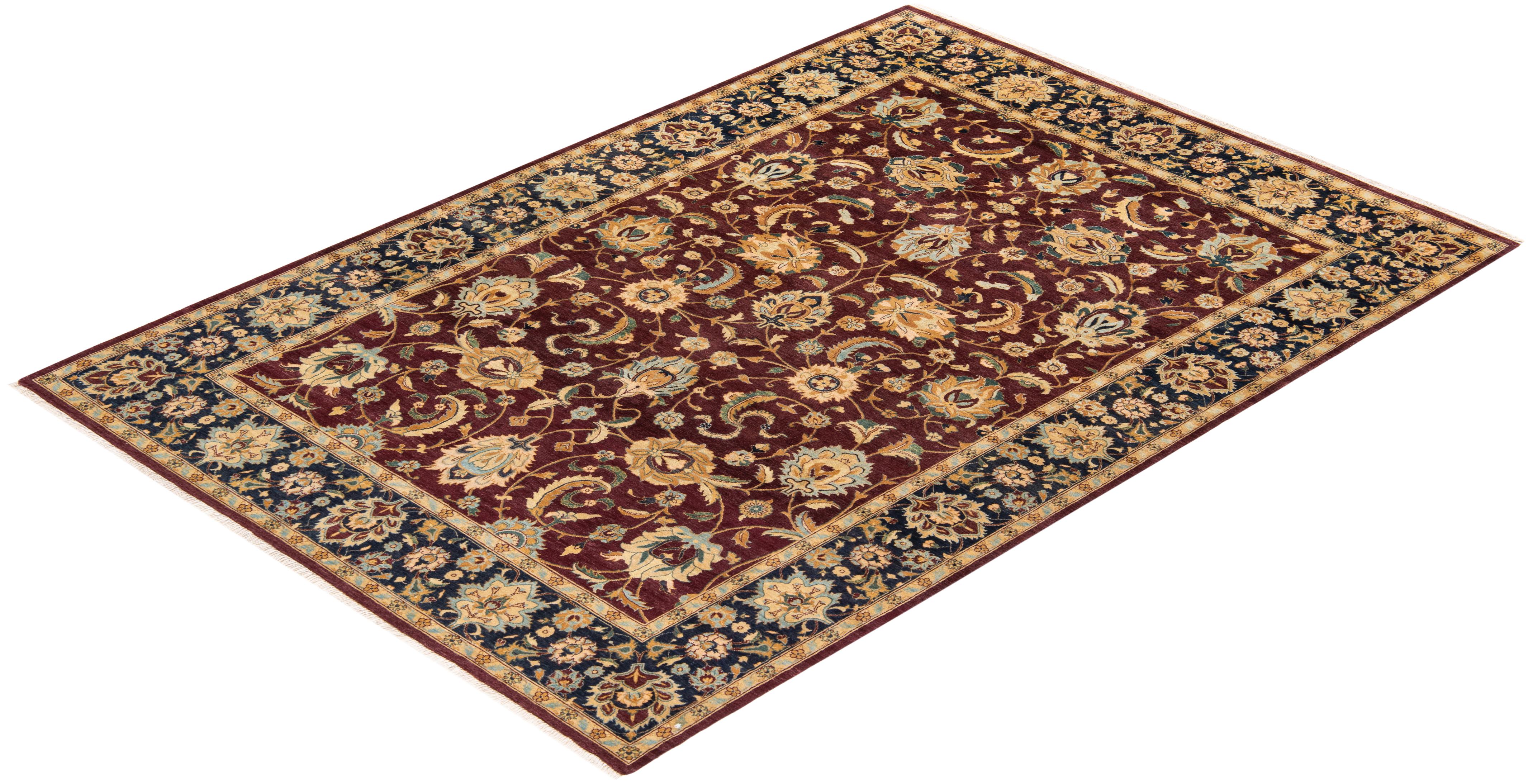 Tapis Mogul rouge traditionnel noué à la main à motifs floraux, unique en son genre 2
