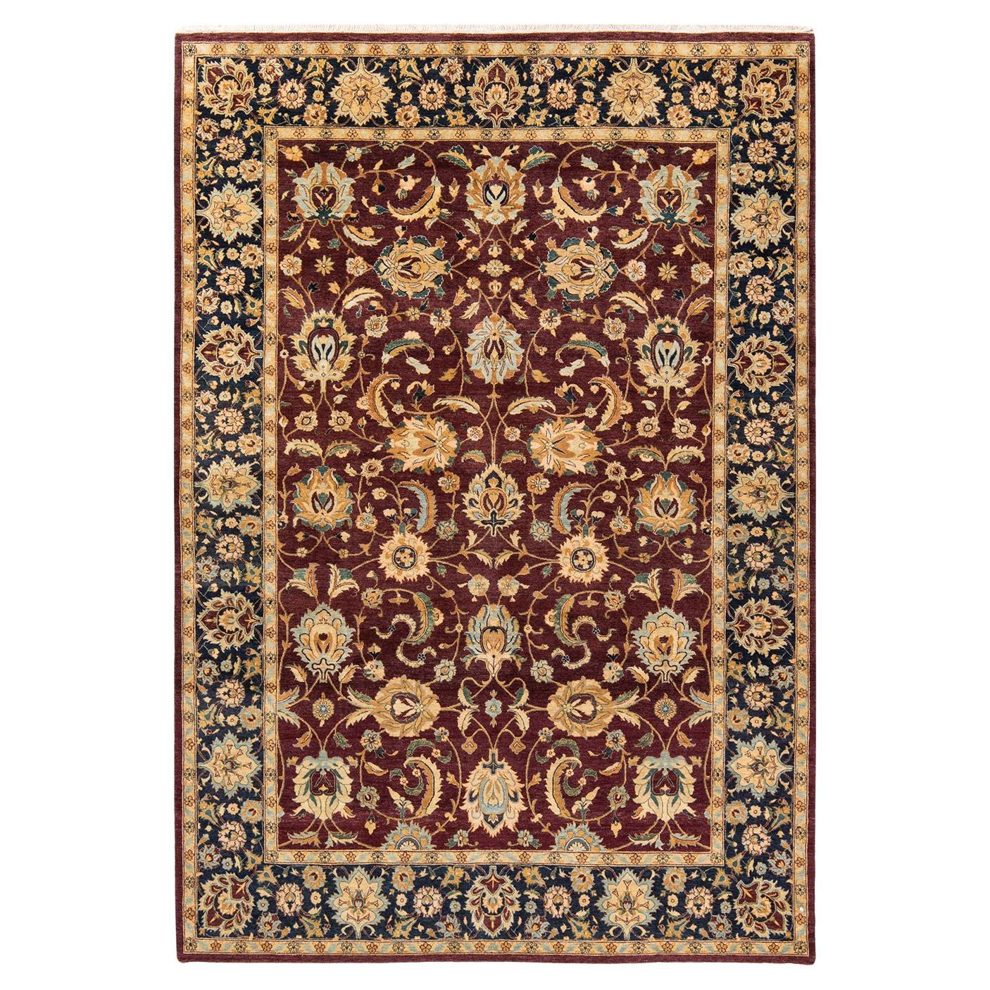 Tapis Mogul rouge traditionnel noué à la main à motifs floraux, unique en son genre