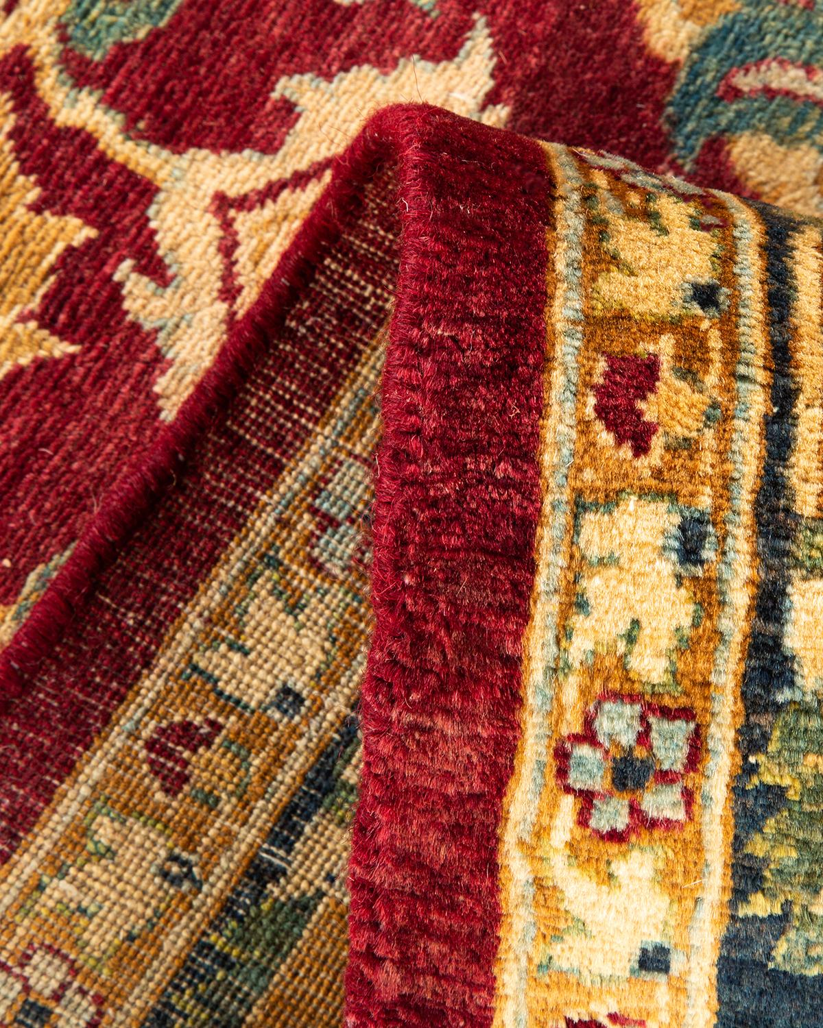Laine Tapis Mogul rouge traditionnel noué à la main à motifs floraux, unique en son genre
