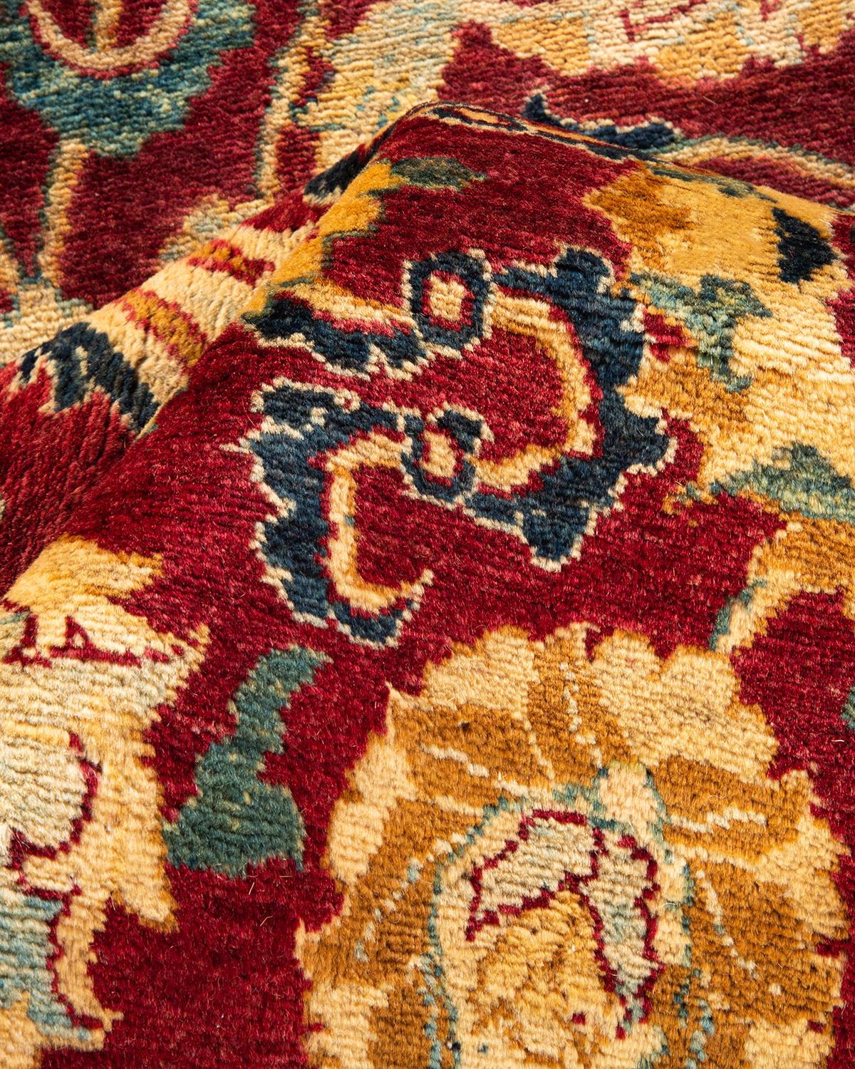 Tapis Mogul rouge traditionnel noué à la main à motifs floraux, unique en son genre 1