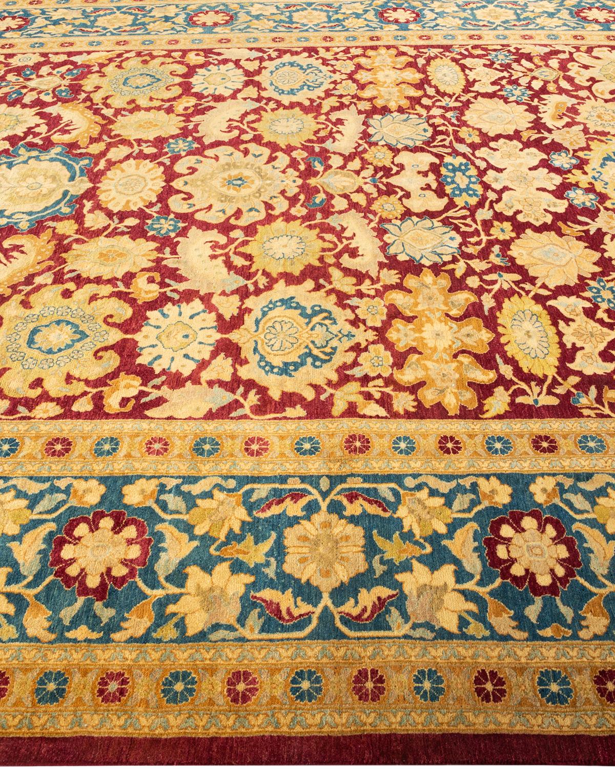 Laine Tapis Mogul rouge traditionnel noué à la main à motifs floraux, unique en son genre