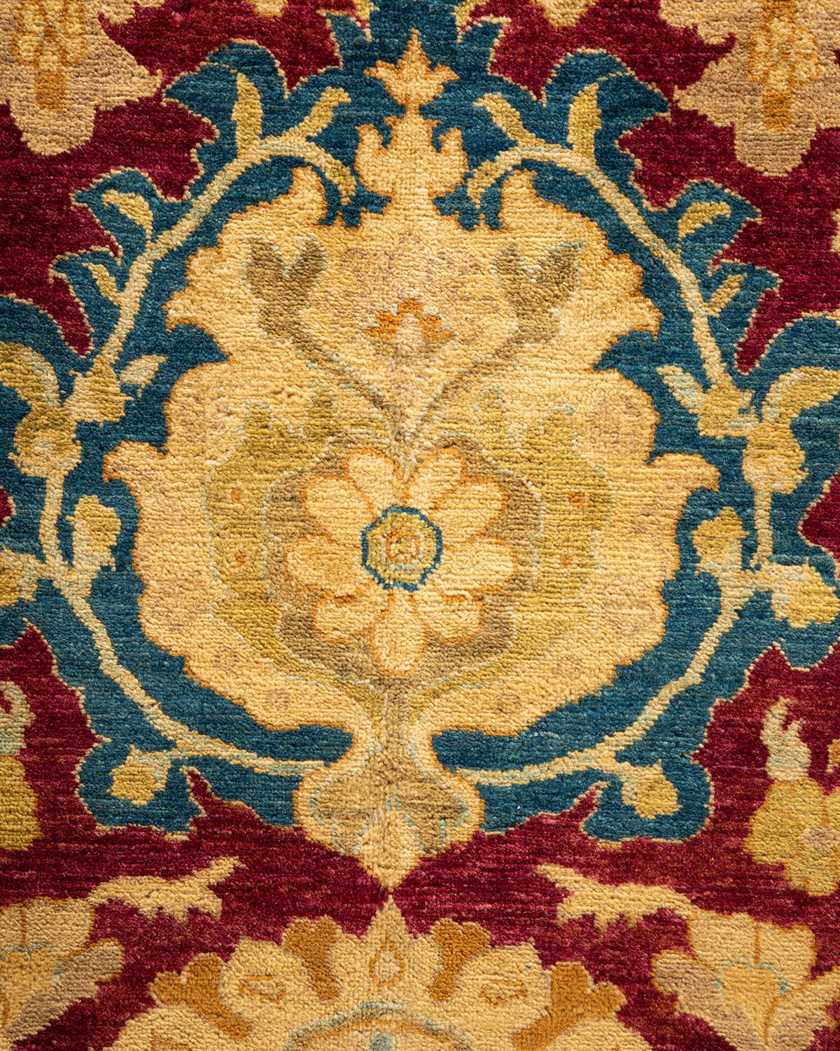 Tapis Mogul rouge traditionnel noué à la main à motifs floraux, unique en son genre 1