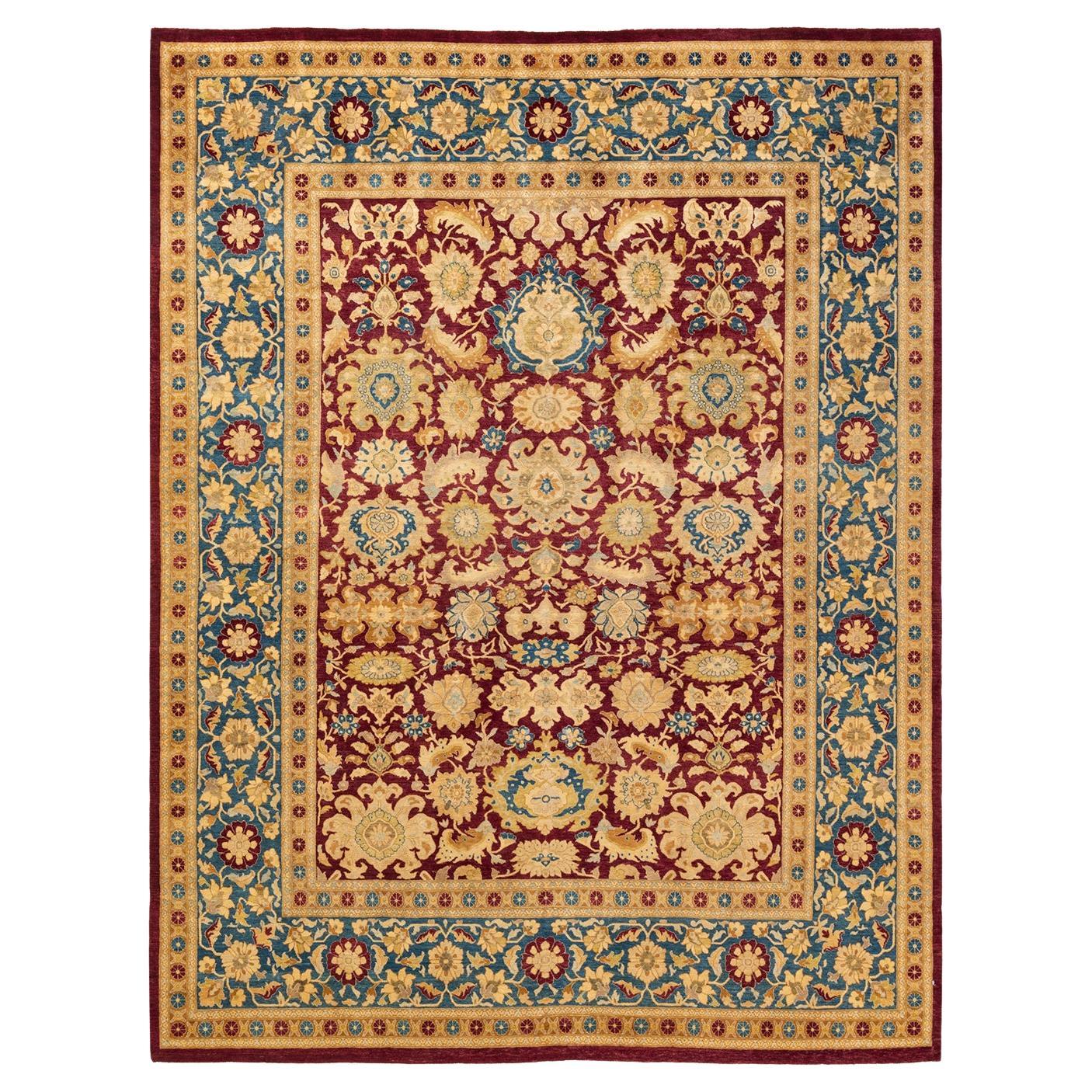 Tapis Mogul rouge traditionnel noué à la main à motifs floraux, unique en son genre