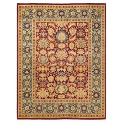 Tapis Mogul rouge traditionnel noué à la main à motifs floraux, unique en son genre