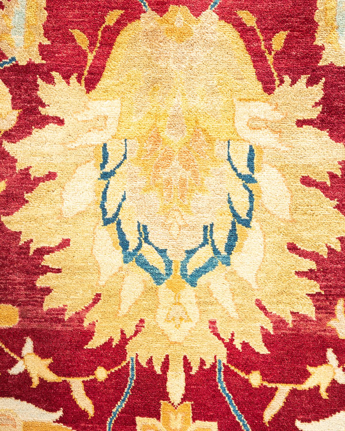 Pakistani One-of-a-kind Hand Knotted Traditional Floral Mogul Red Area Rug For Sale
