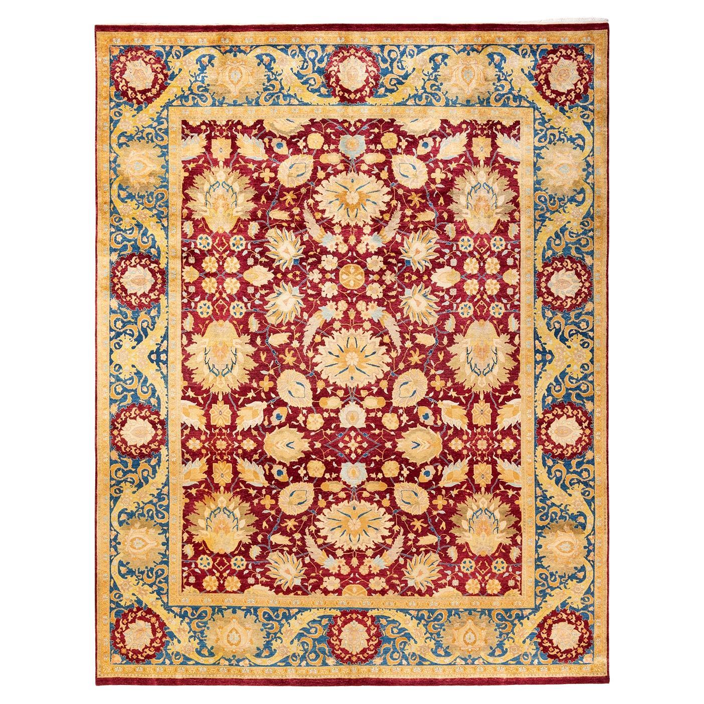Alfombra única anudada a mano con motivos florales tradicionales Mogul roja