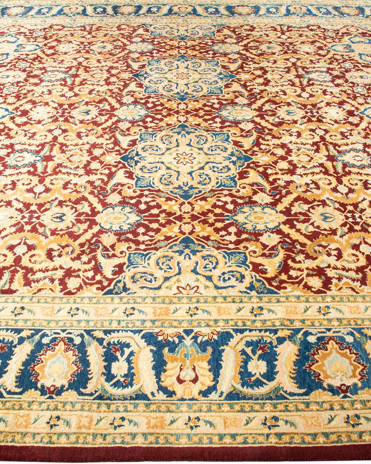 Tapis Mogul rouge traditionnel noué à la main à motifs floraux, unique en son genre  8' 1