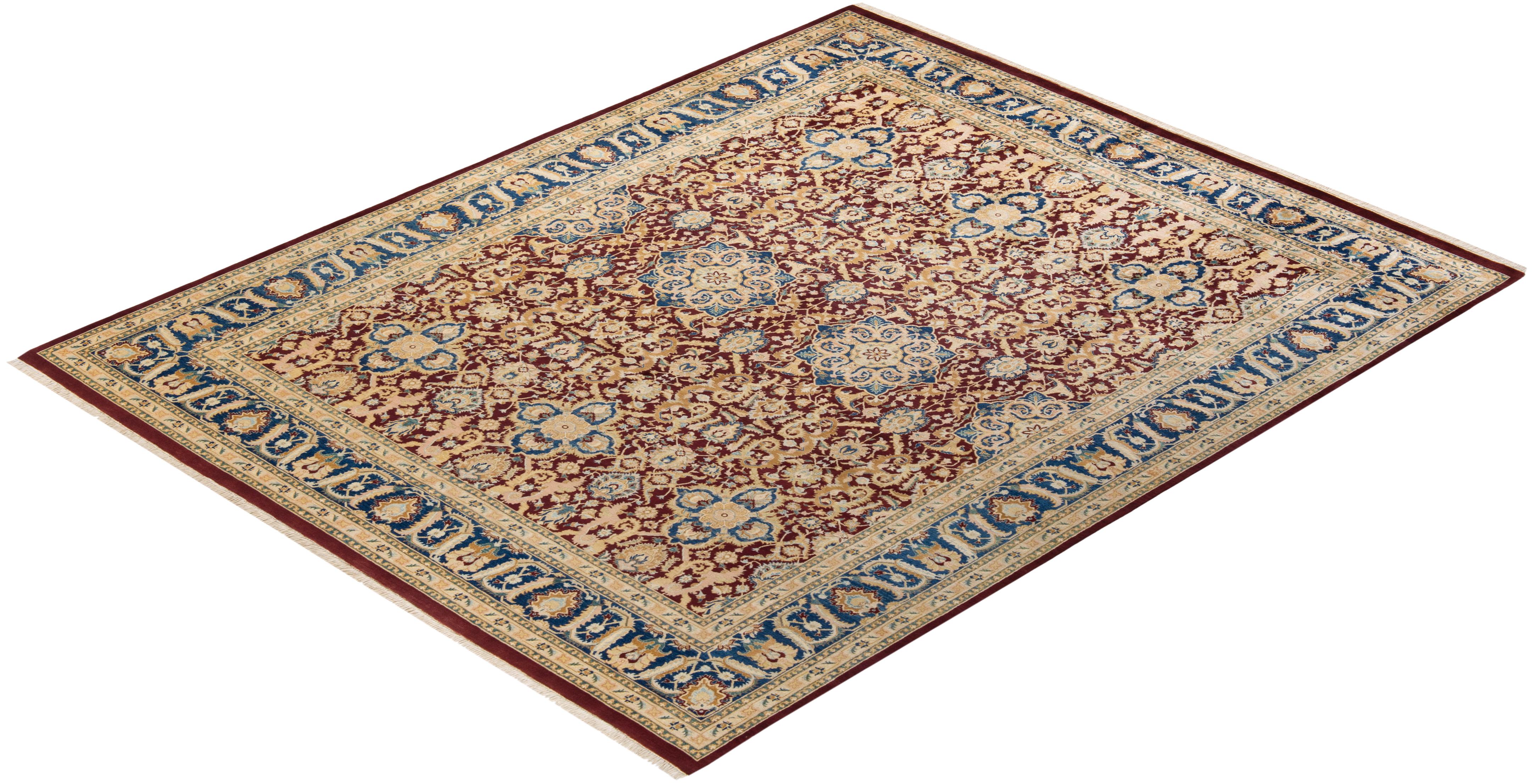 Tapis Mogul rouge traditionnel noué à la main à motifs floraux, unique en son genre  8' 1
