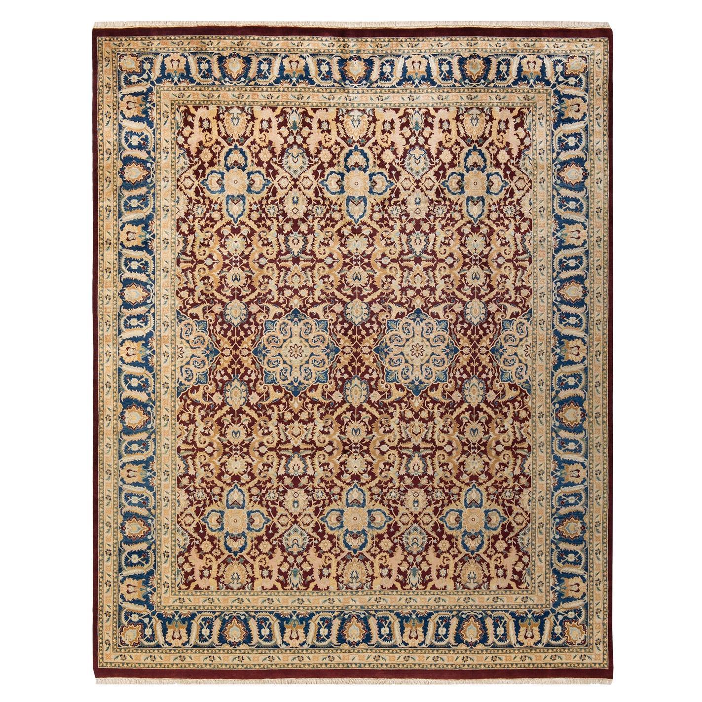 Tapis Mogul rouge traditionnel noué à la main à motifs floraux, unique en son genre  8' 1"" x 10' 2""