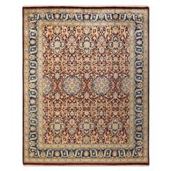 Tapis Mogul rouge traditionnel noué à la main à motifs floraux, unique en son genre  8' 1"" x 10' 2""