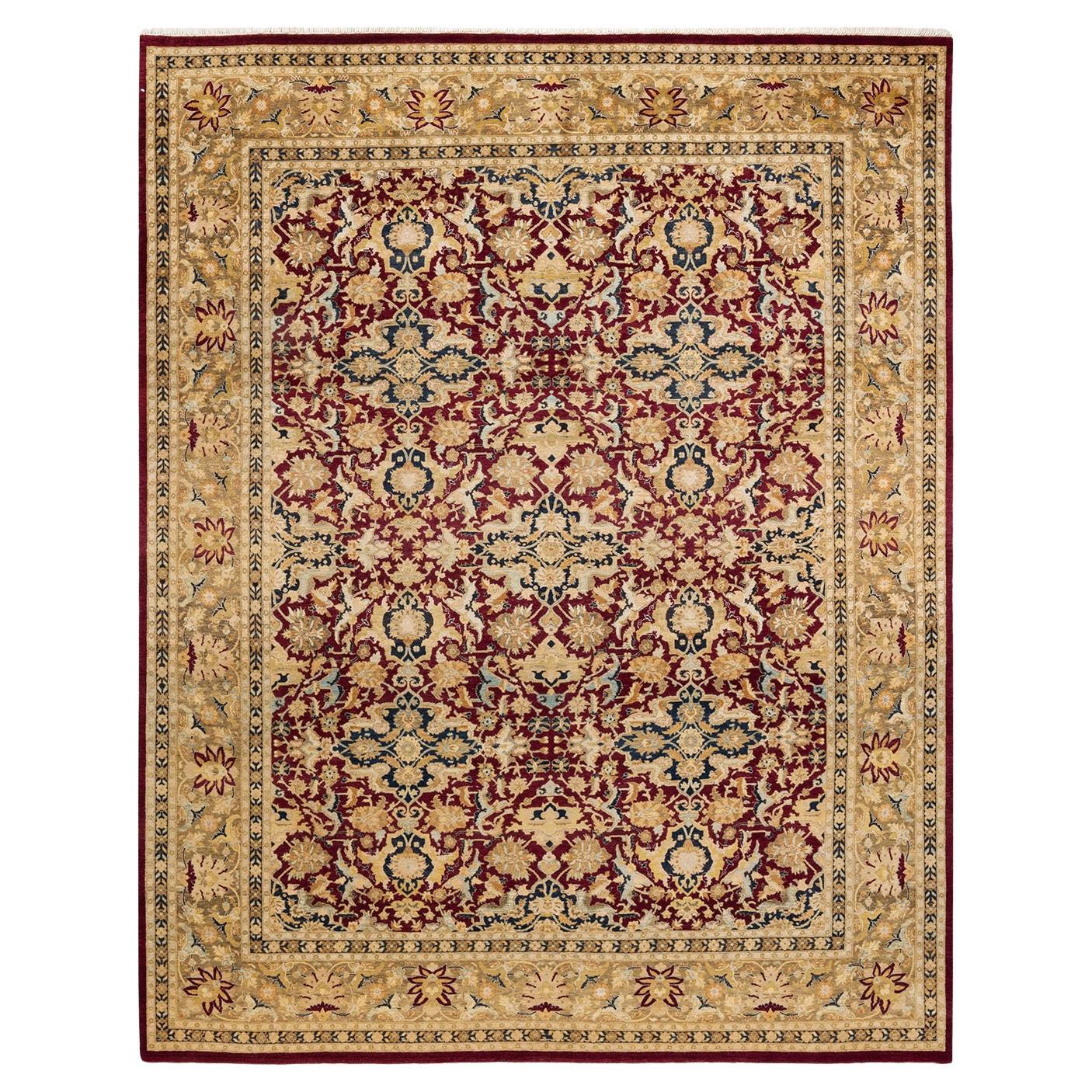 Tapis Mogul rouge traditionnel noué à la main à motifs floraux, unique en son genre