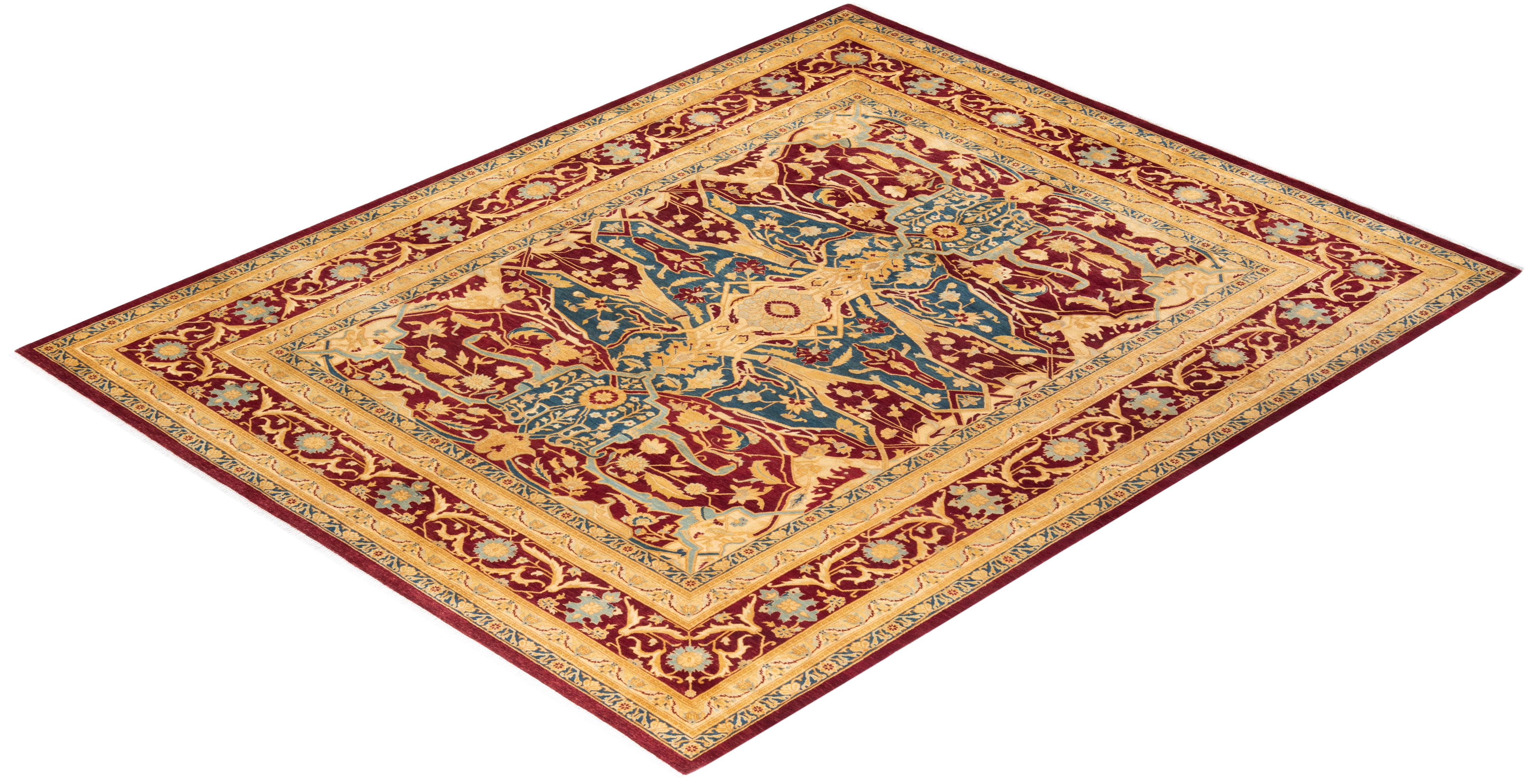 Tapis Mogul rouge traditionnel noué à la main à motifs floraux, unique en son genre en vente 2