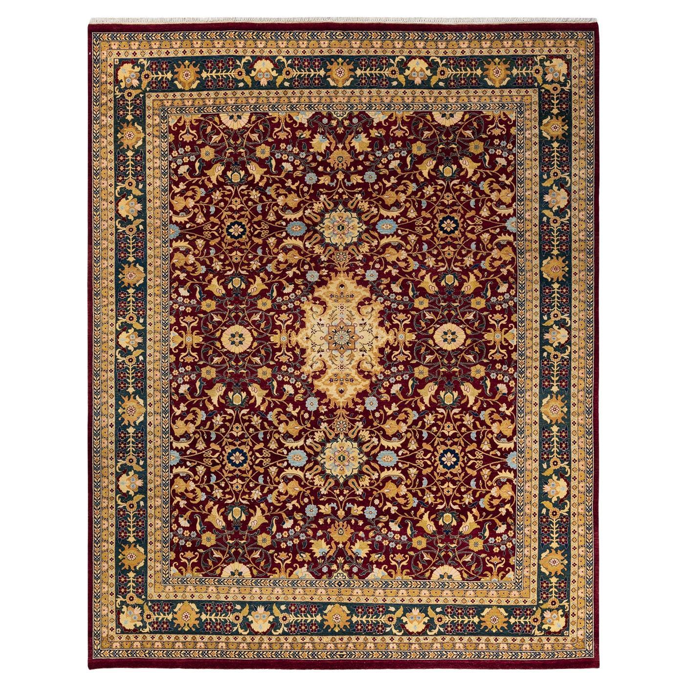One-Of-A-Kind Hand Knotted Traditional Floral Mogul Red Area Rug 8' 2" x 10' 1" For Sale