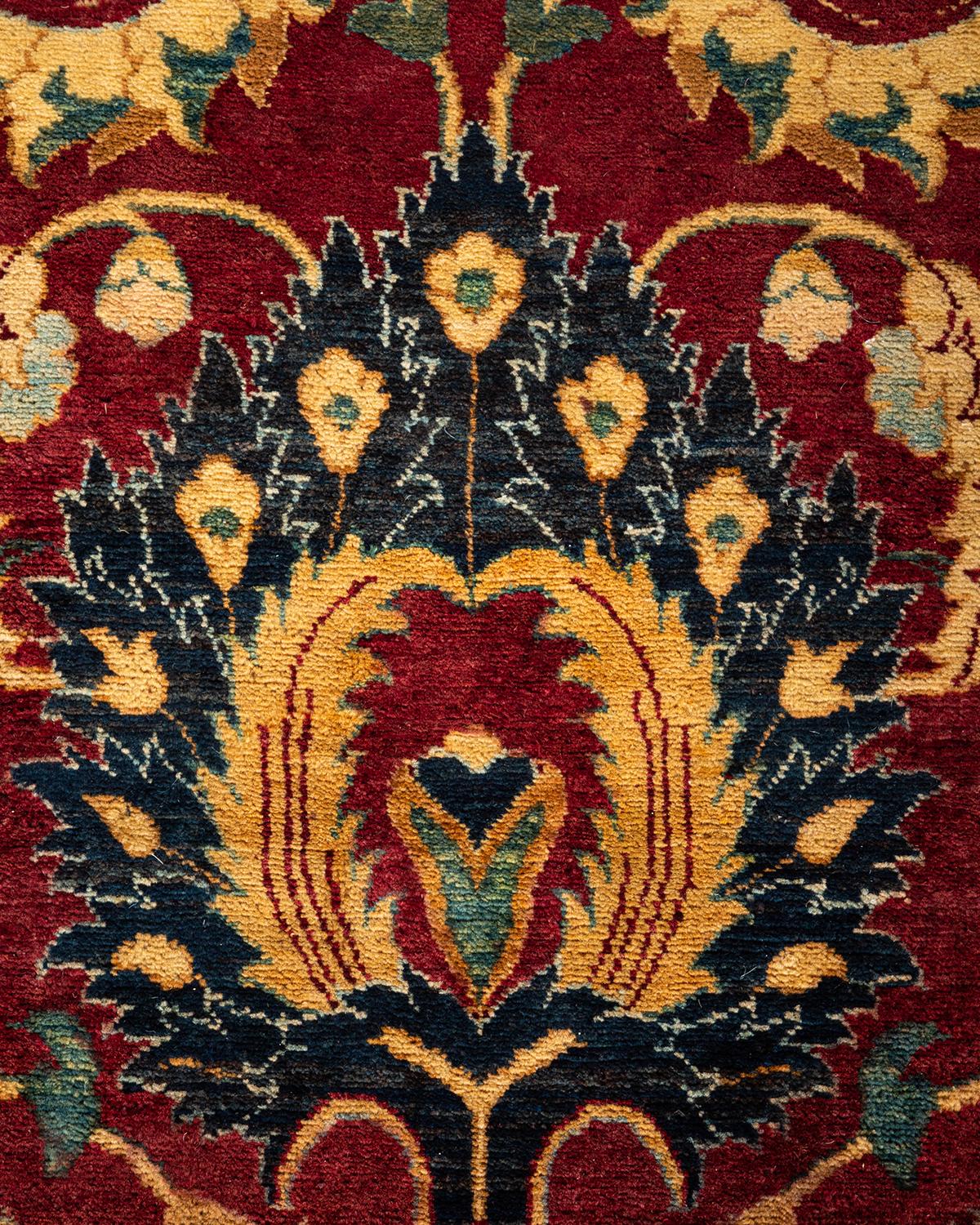 Pakistanais Tapis Mogul rouge traditionnel noué à la main à motifs floraux, unique en son genre