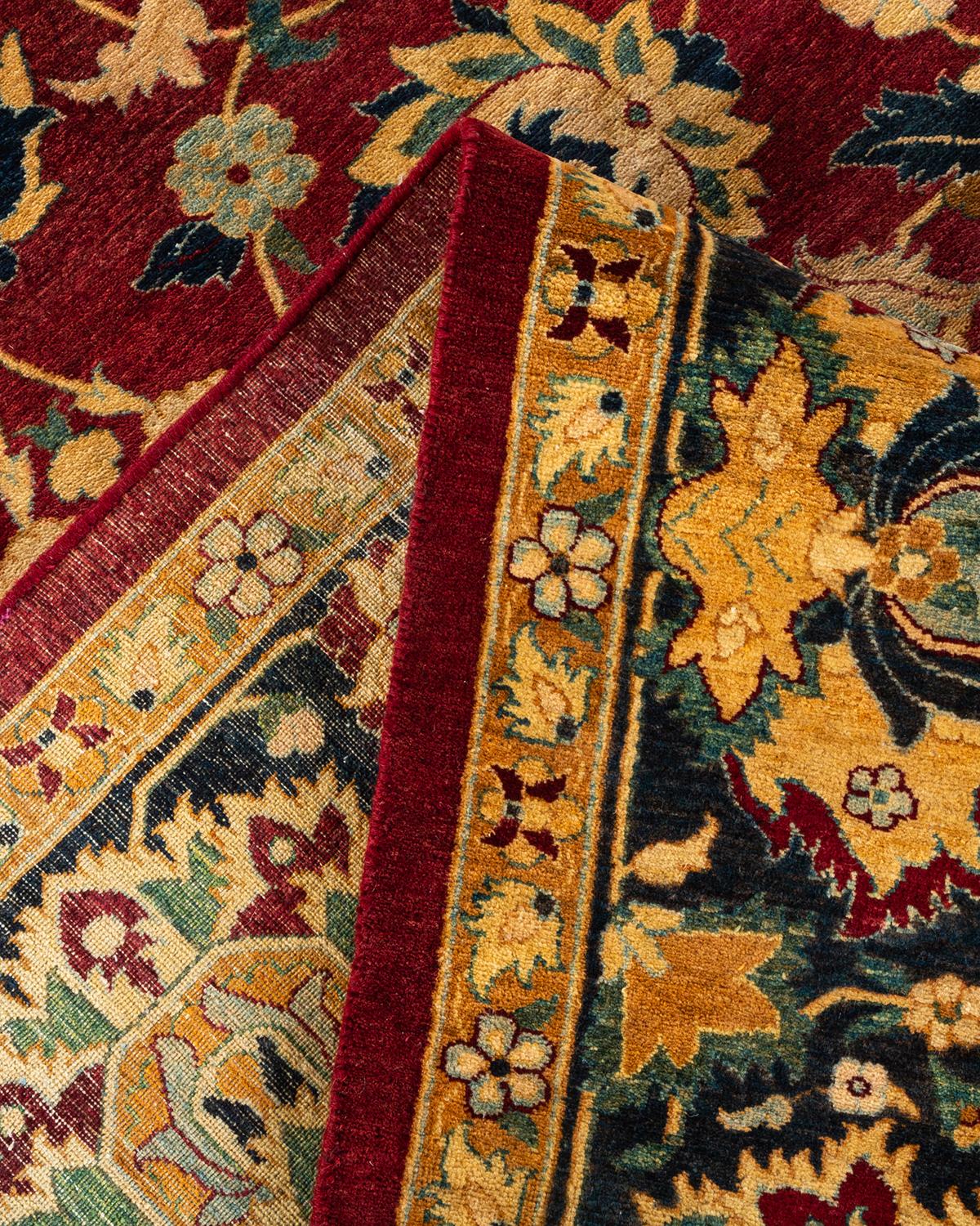 Laine Tapis Mogul rouge traditionnel noué à la main à motifs floraux, unique en son genre