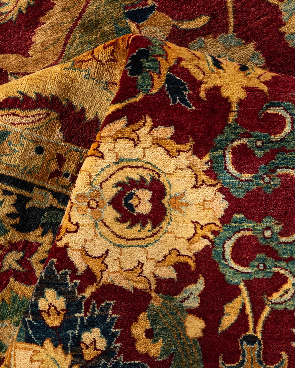 Tapis Mogul rouge traditionnel noué à la main à motifs floraux, unique en son genre 1