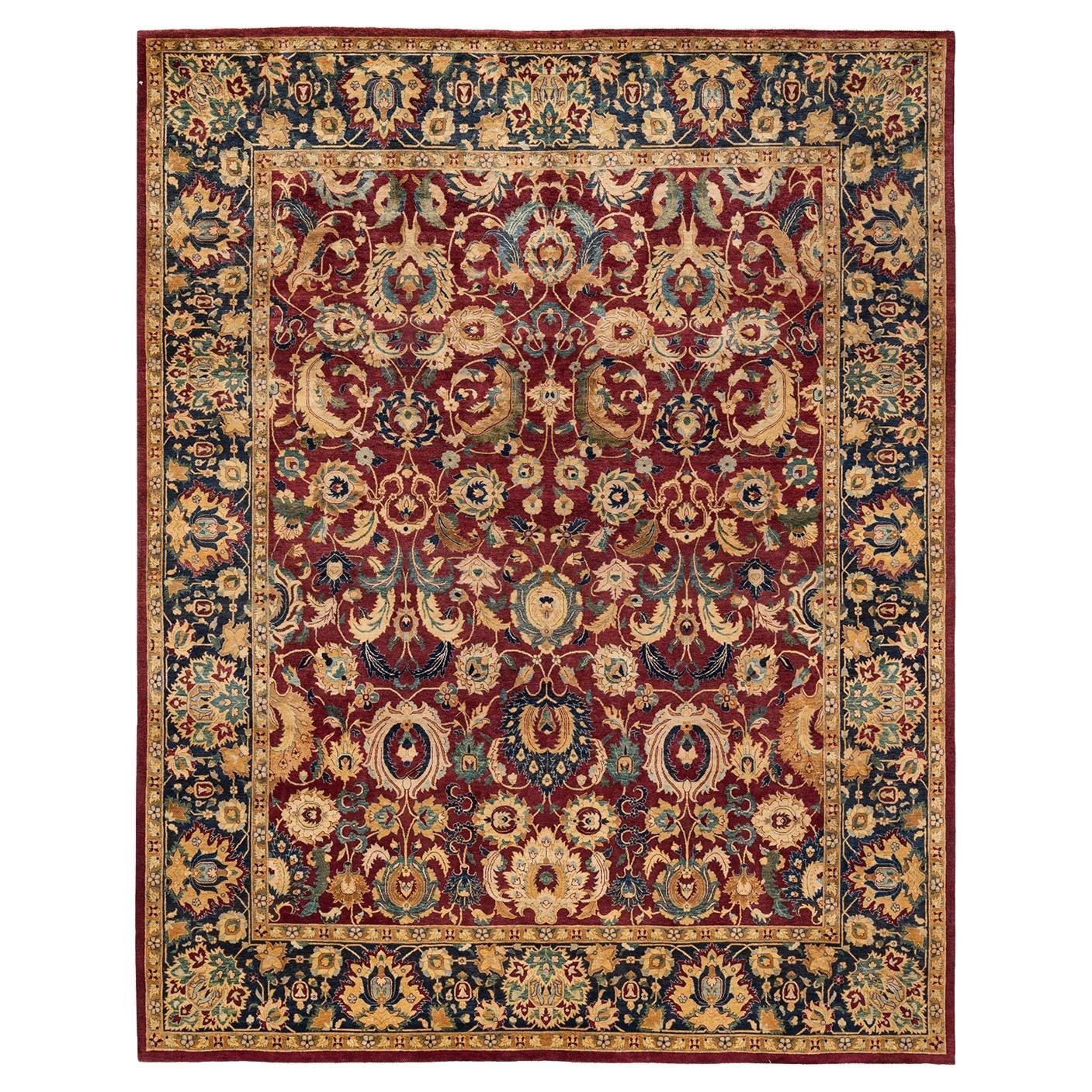 Tapis Mogul rouge traditionnel noué à la main à motifs floraux, unique en son genre