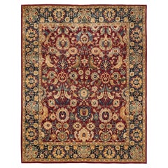 Tapis Mogul rouge traditionnel noué à la main à motifs floraux, unique en son genre