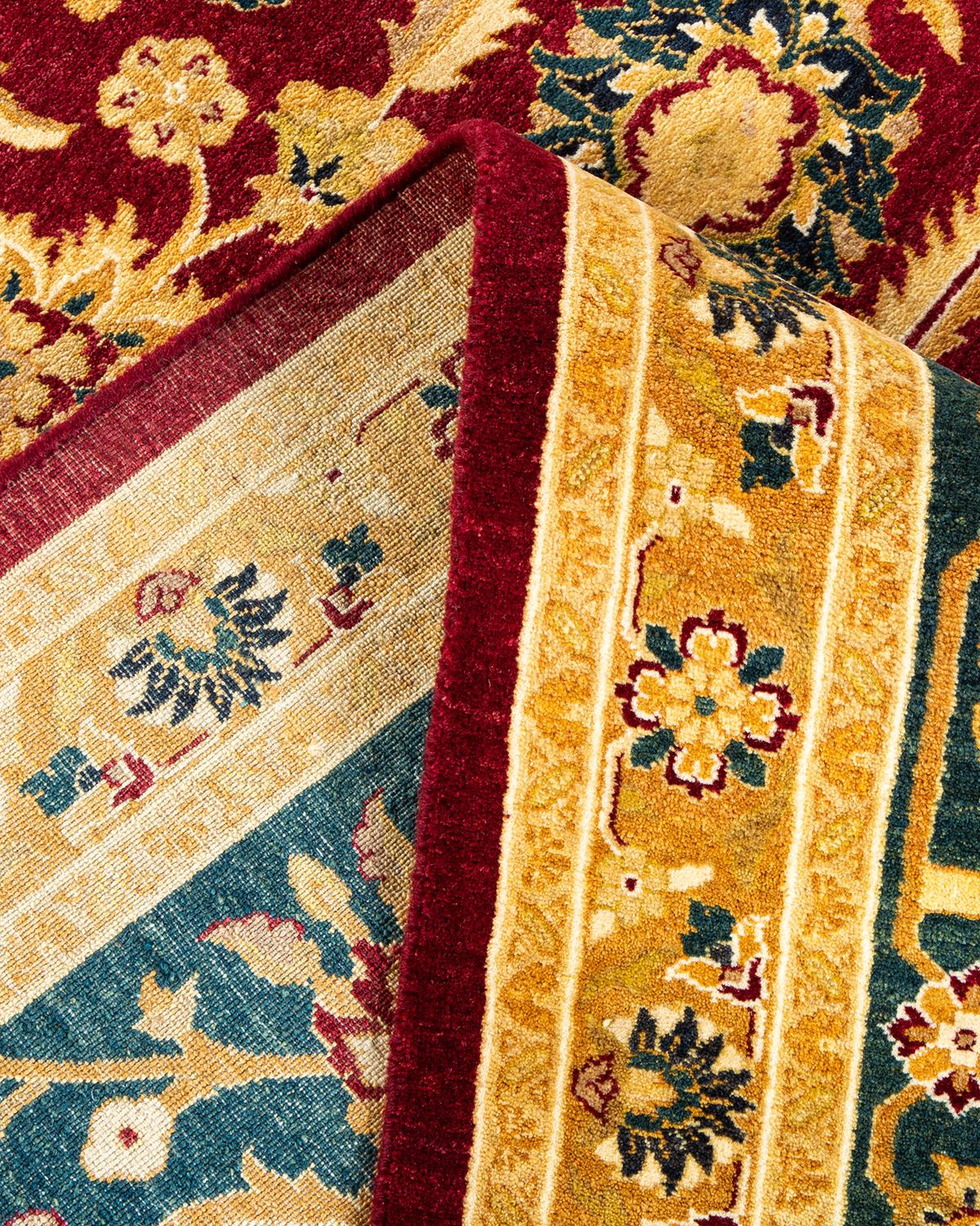 Handgeknüpfter, traditioneller, geblümter Mogul-Teppich in Rot, Unikat (Wolle) im Angebot