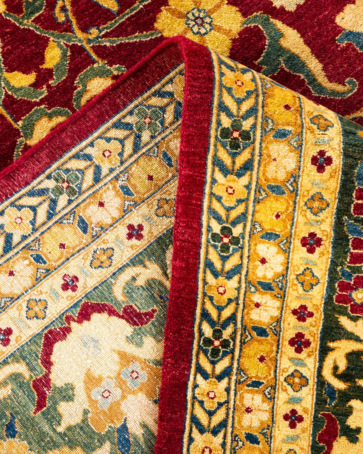 Laine Tapis traditionnel rouge moghol à fleurs noué à la main, unique en son genre, 2,69 m x 3,68 m