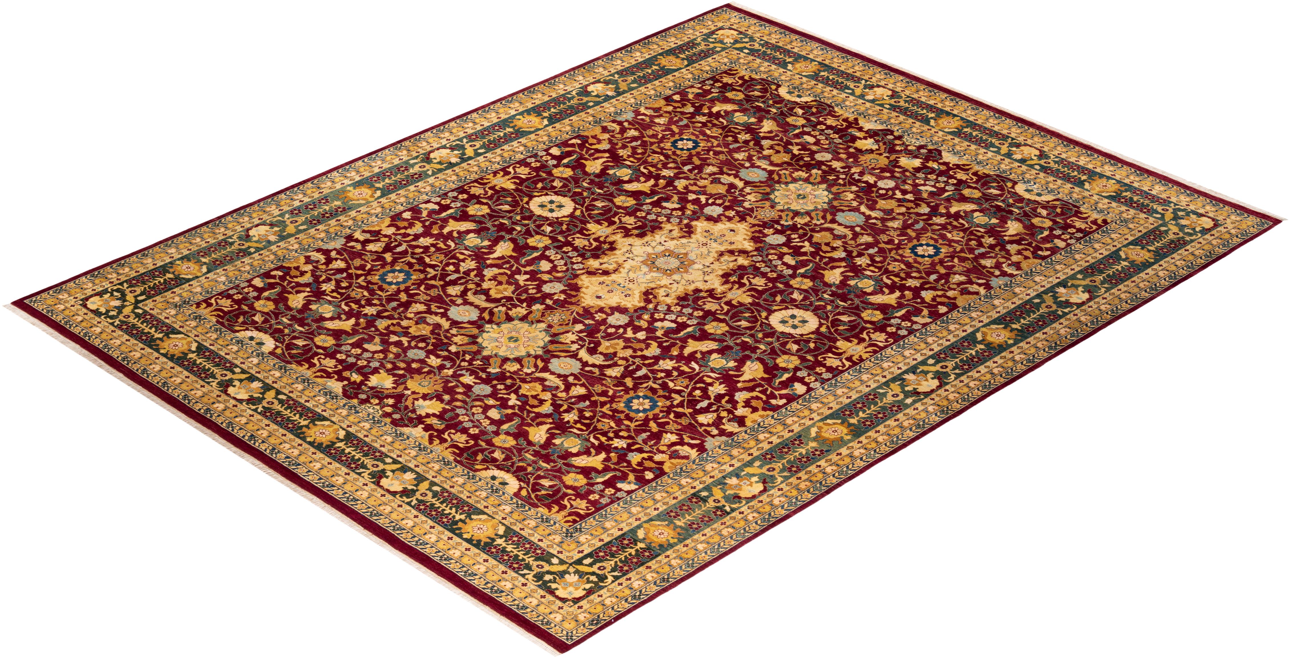 Tapis traditionnel rouge moghol à fleurs noué à la main, unique en son genre, 2,69 m x 3,68 m 2