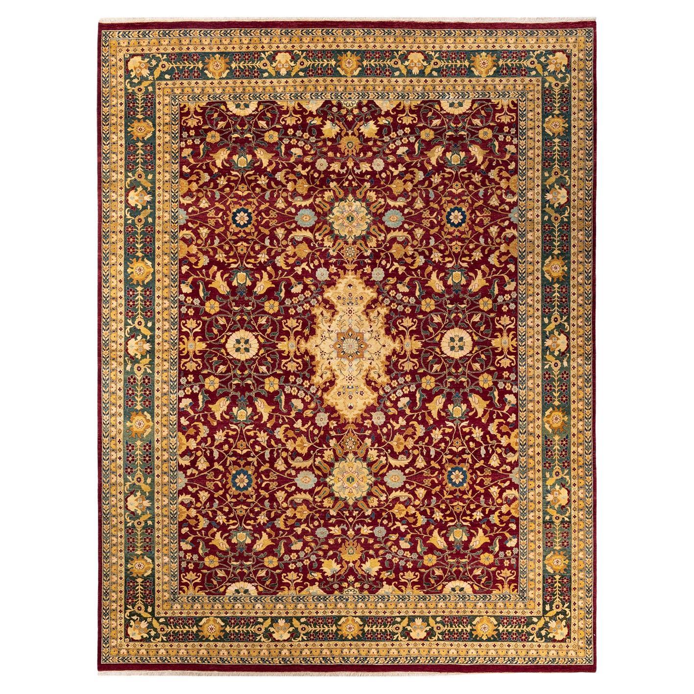 Tapis traditionnel rouge moghol à fleurs noué à la main, unique en son genre, 2,69 m x 3,68 m