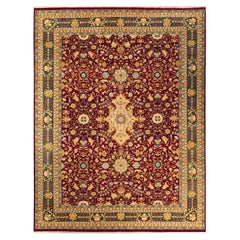 Tapis traditionnel rouge moghol à fleurs noué à la main, unique en son genre, 2,69 m x 3,68 m