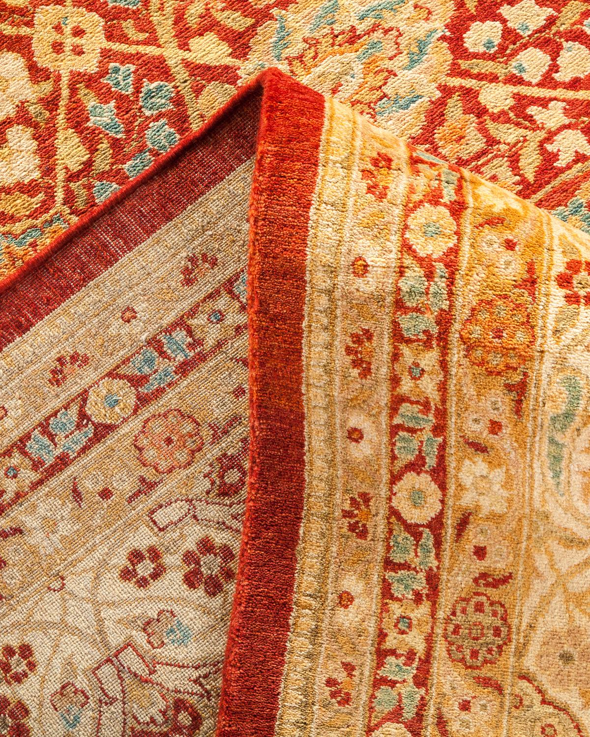 Handgeknüpfter, traditioneller, geblümter Mogul-Teppich in Rot, Unikat (Wolle) im Angebot