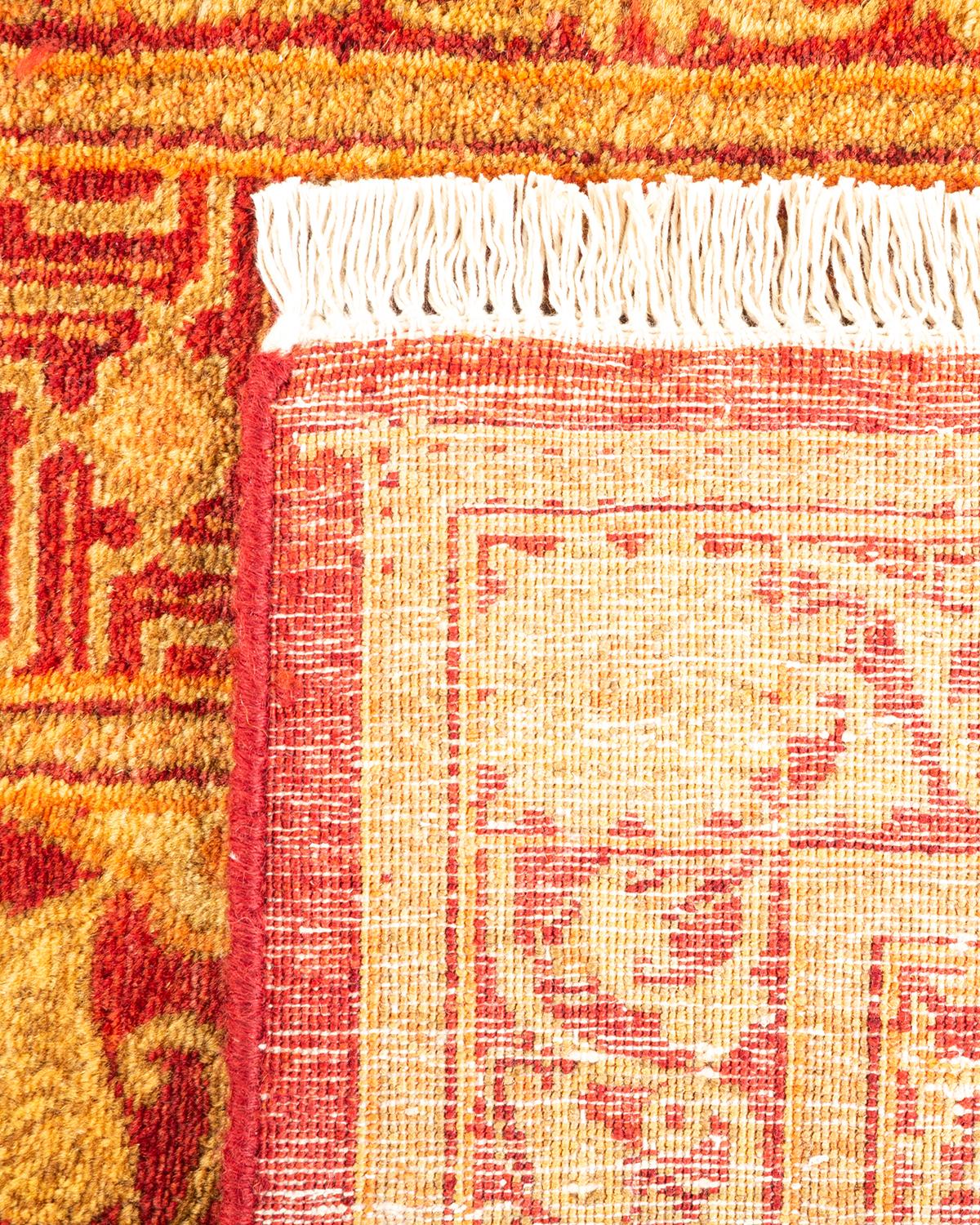 Contemporary One-of-a-Kind Hand Knotted Traditional Ikat Mogul Orange Area Rug For Sale