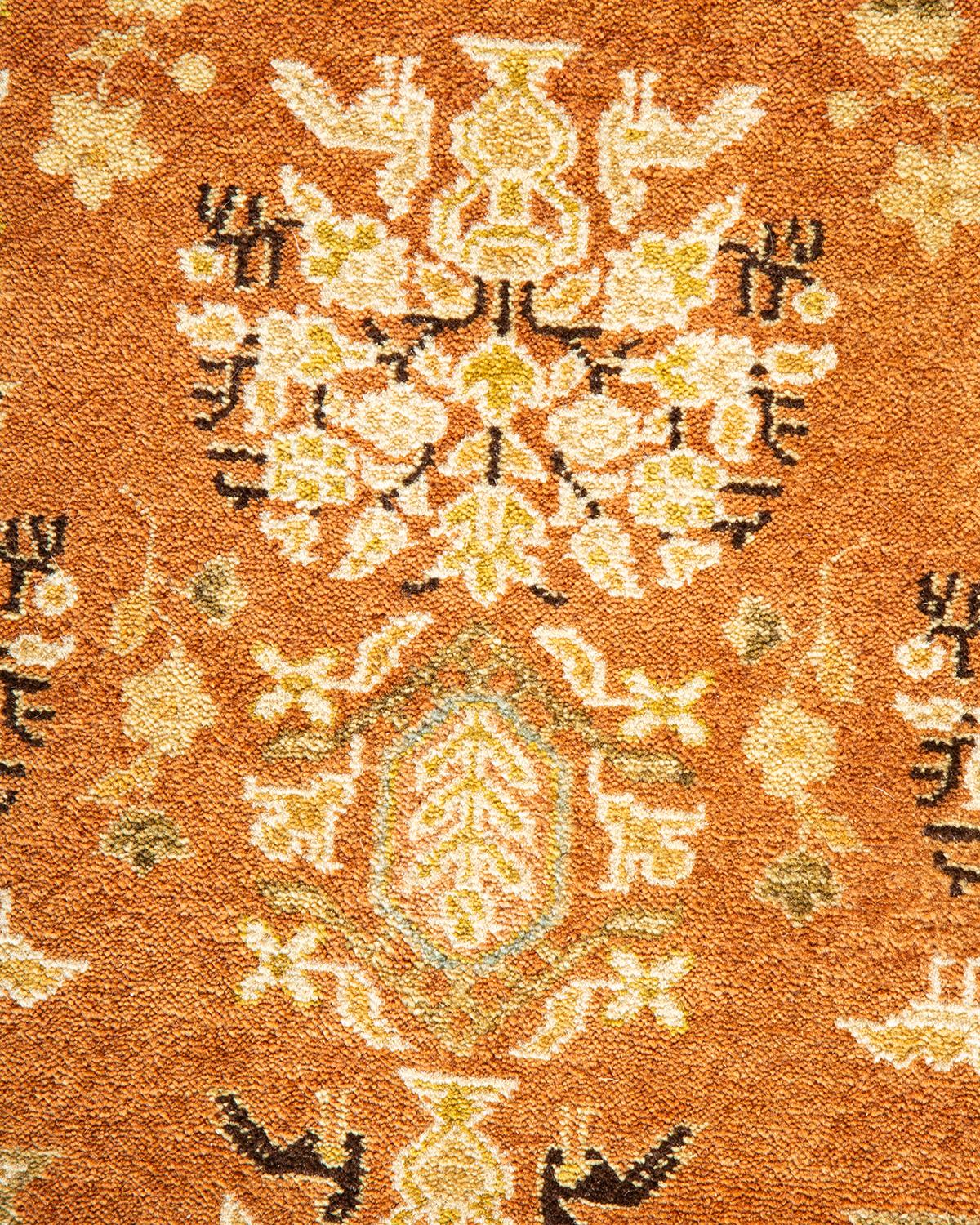 Pakistanais Tapis traditionnel brun Mogul noué à la main unique en son genre de 9' 3