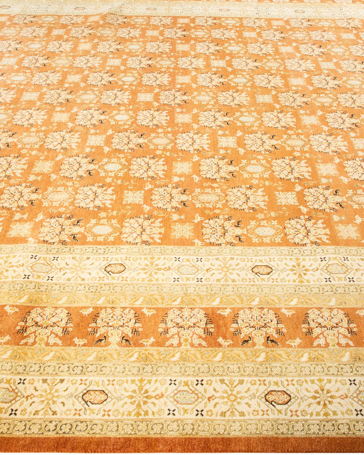 Tapis traditionnel brun Mogul noué à la main unique en son genre de 9' 3