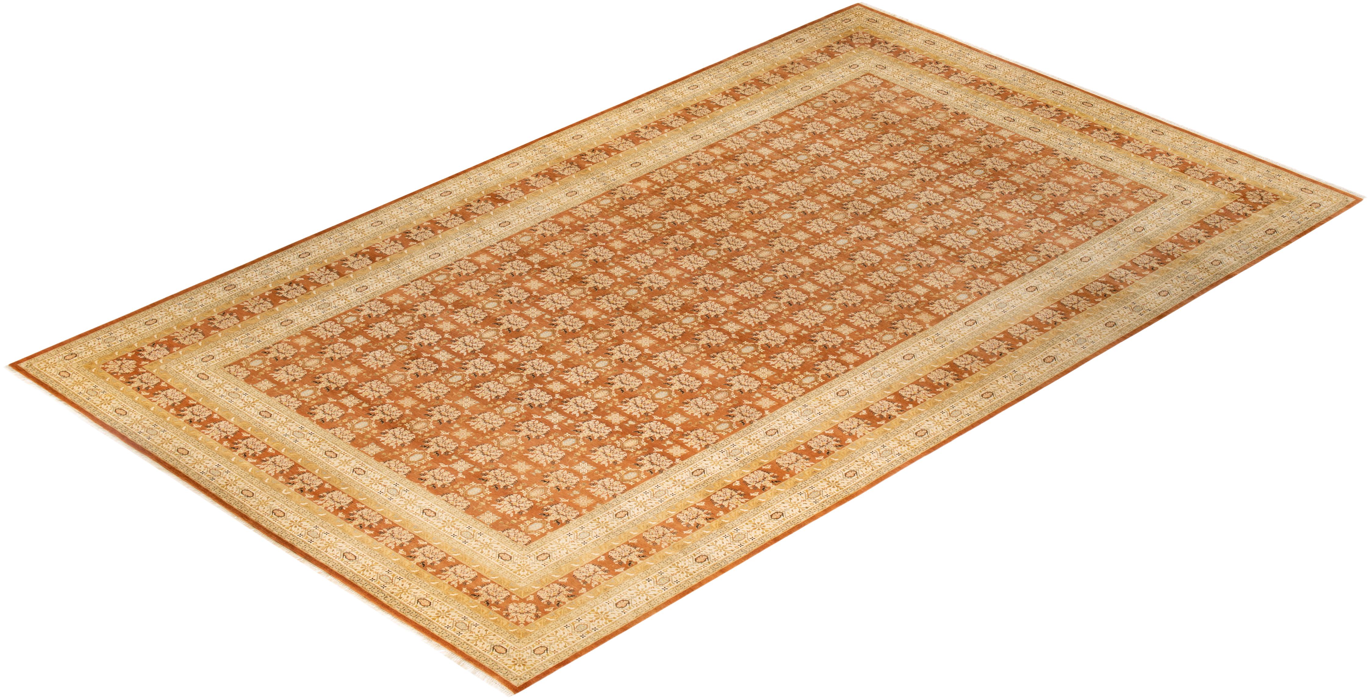Tapis traditionnel brun Mogul noué à la main unique en son genre de 9' 3