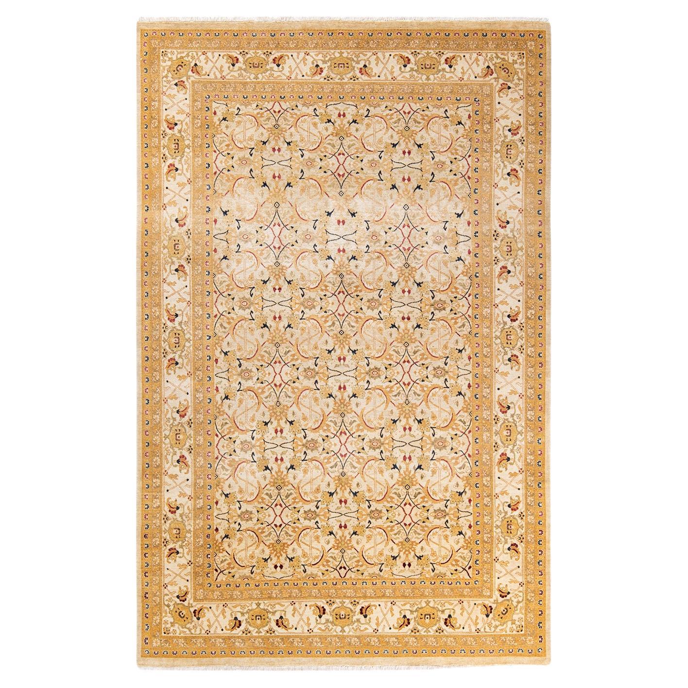 One-of-a-Kind Hand Knotted Traditional Mogul Ivory Area Rug