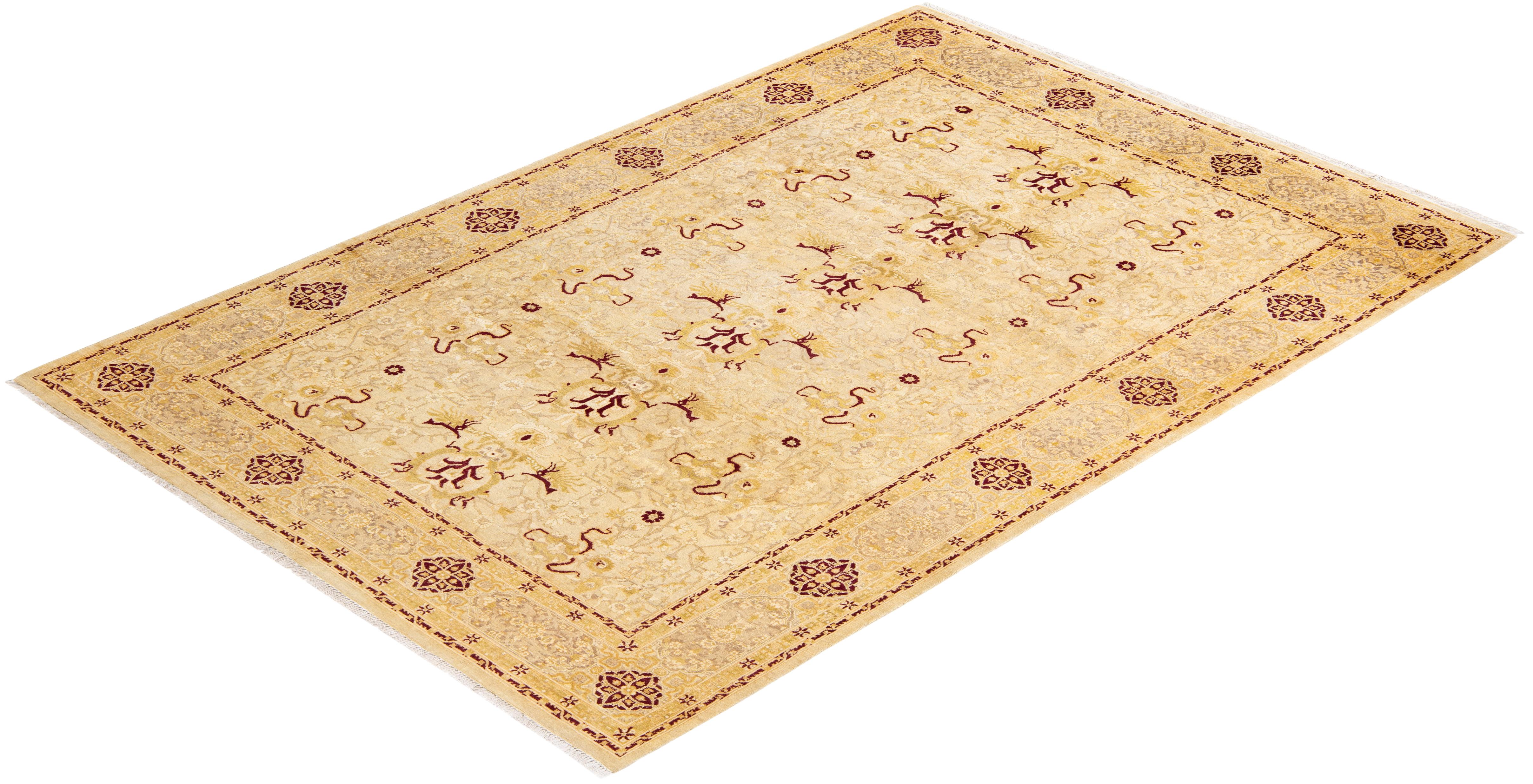 Handgeknüpfter, traditioneller elfenbeinfarbener Mogul-Teppich, Unikat im Angebot 2