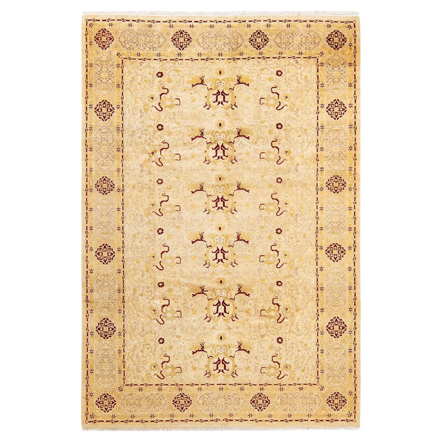 One-Of-A-Kind Hand Knotted Traditional Mogul Ivory Area Rug For Sale