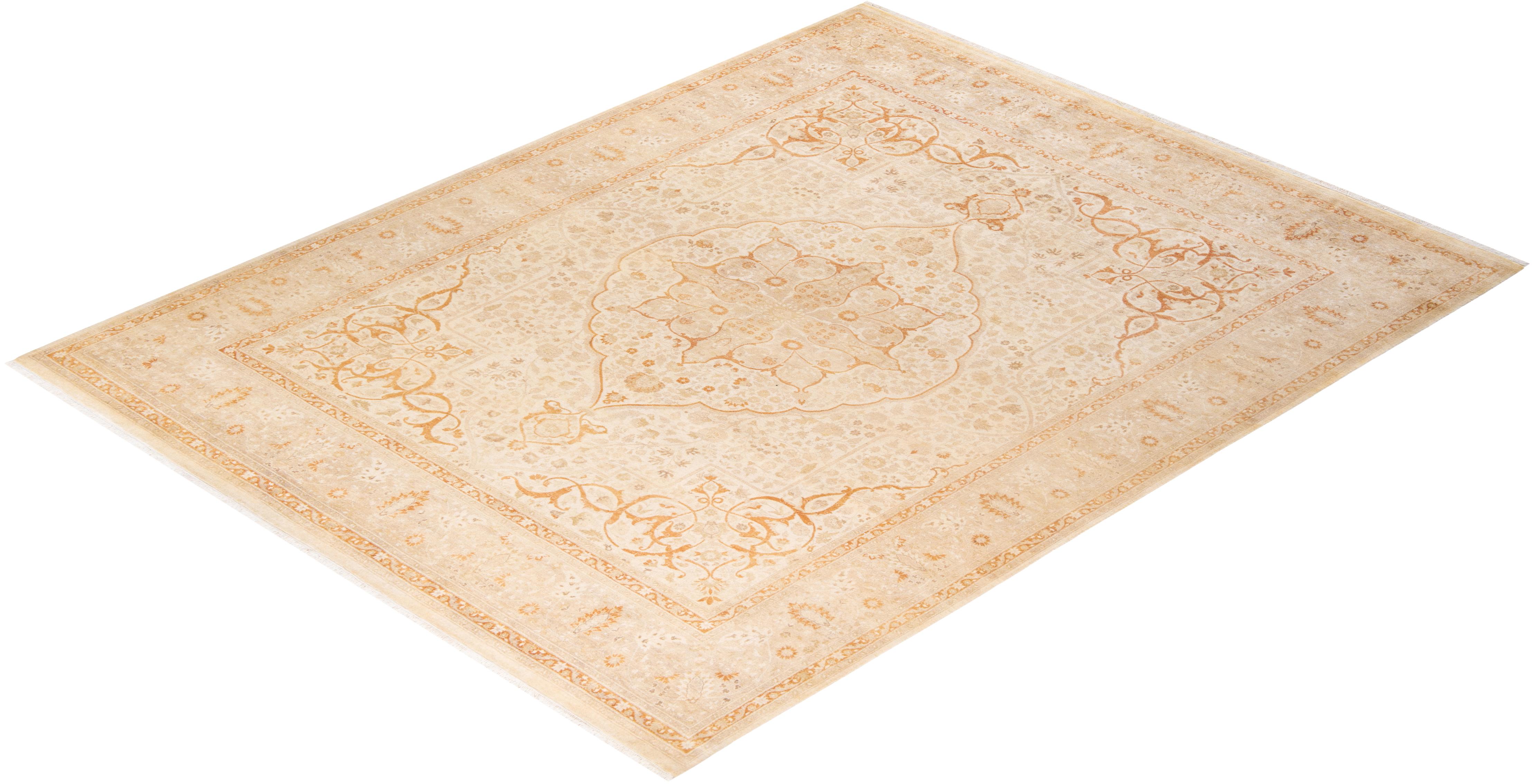 One-of-a-Kind Hand Knotted Traditional Mogul Ivory Area Rug For Sale 2