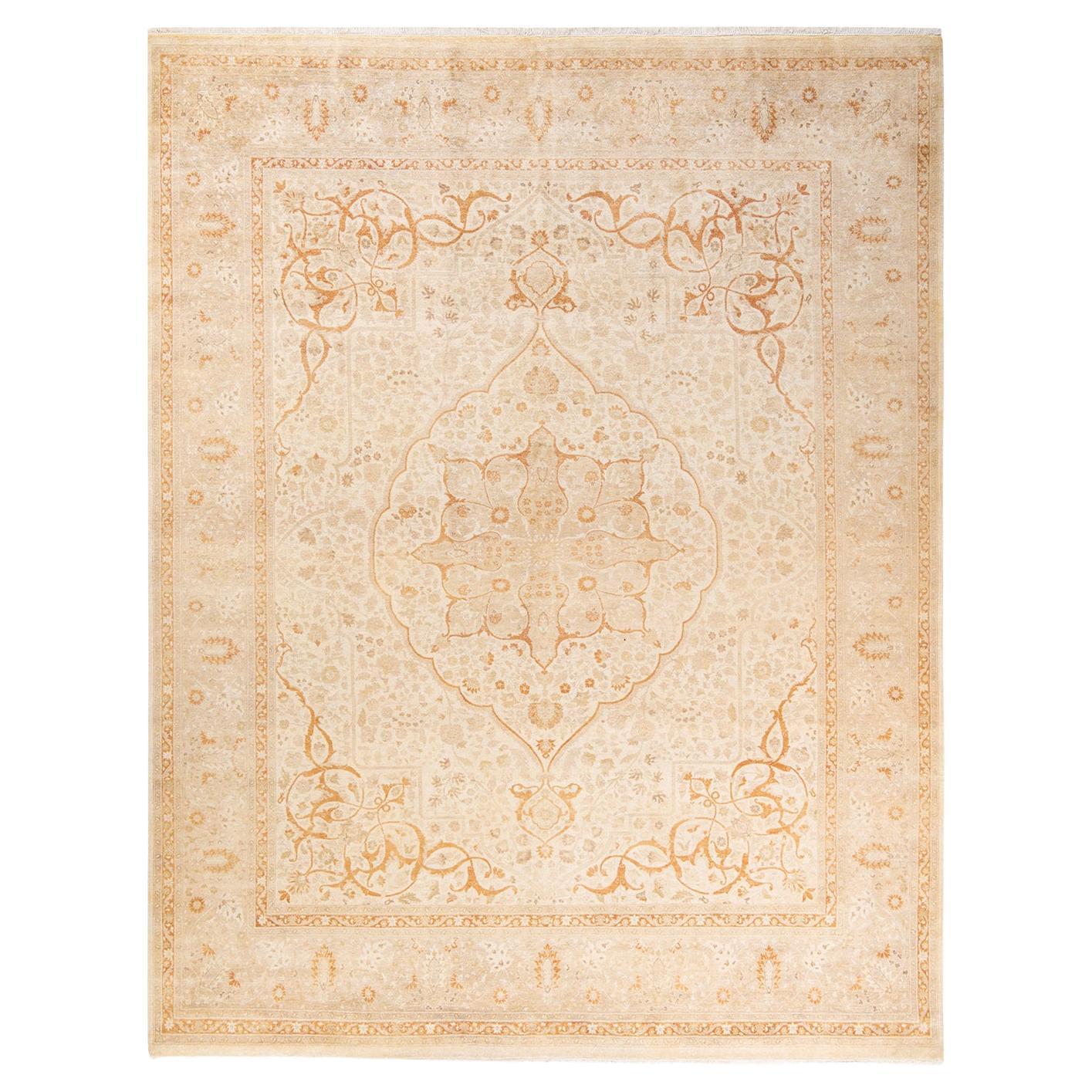 One-of-a-Kind Hand Knotted Traditional Mogul Ivory Area Rug For Sale