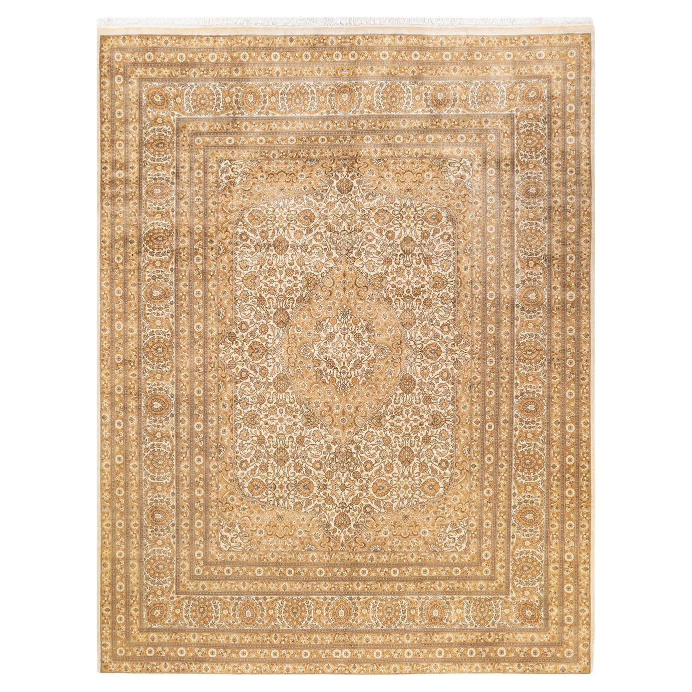One-Of-A-Kind Hand Knotted Traditional Mogul Ivory Area Rug 8' 1" x 10' 8" For Sale