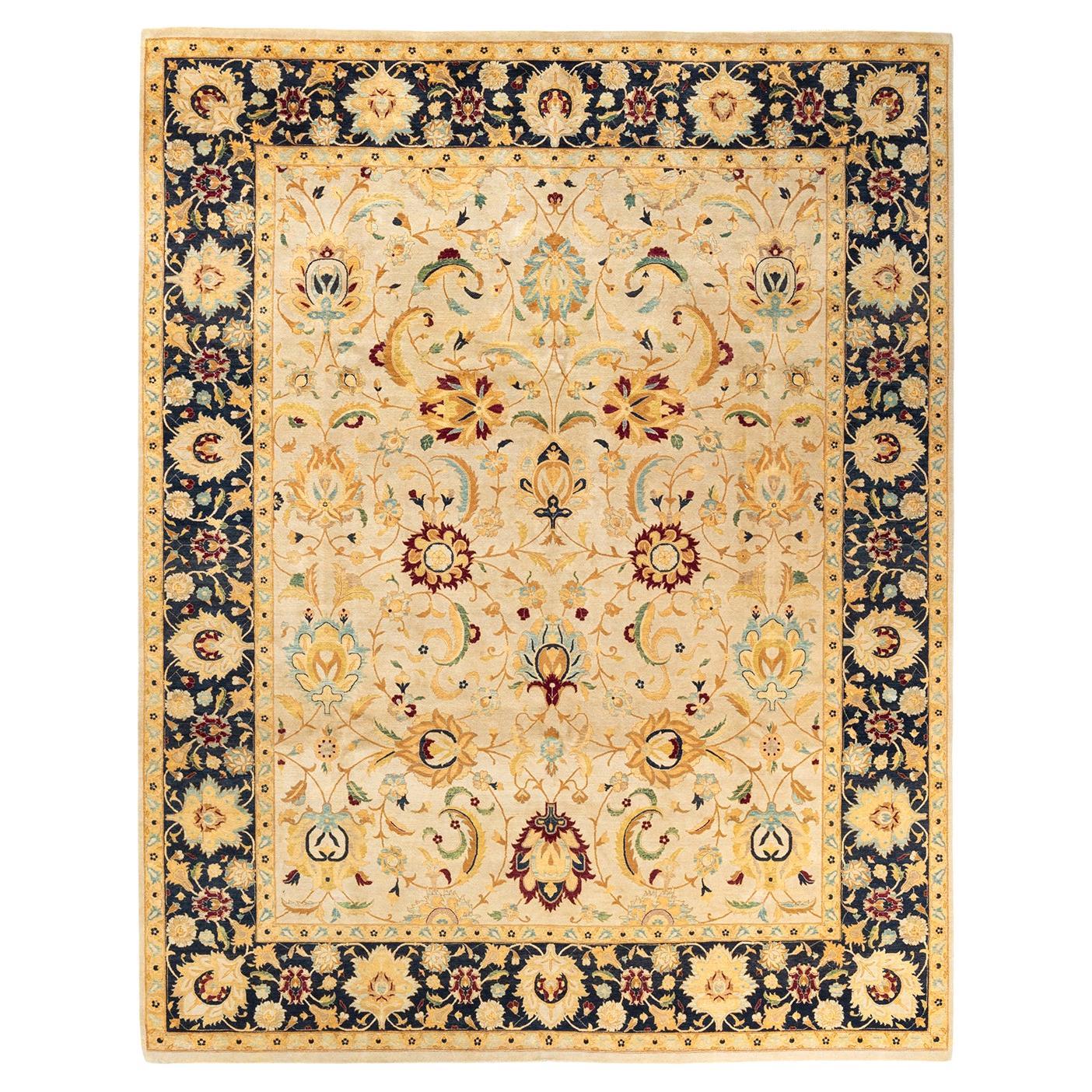 One-of-a-Kind Hand Knotted Traditional Mogul Ivory Area Rug 8' 2" x 10' 4" For Sale